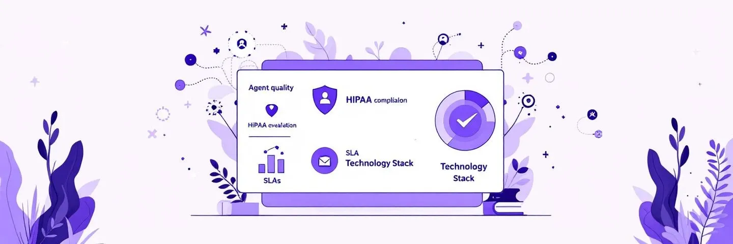 Flat vector illustration of healthcare BPO workflow: agent quality, HIPAA compliance, SLAs, technology stack, in purple and lavender