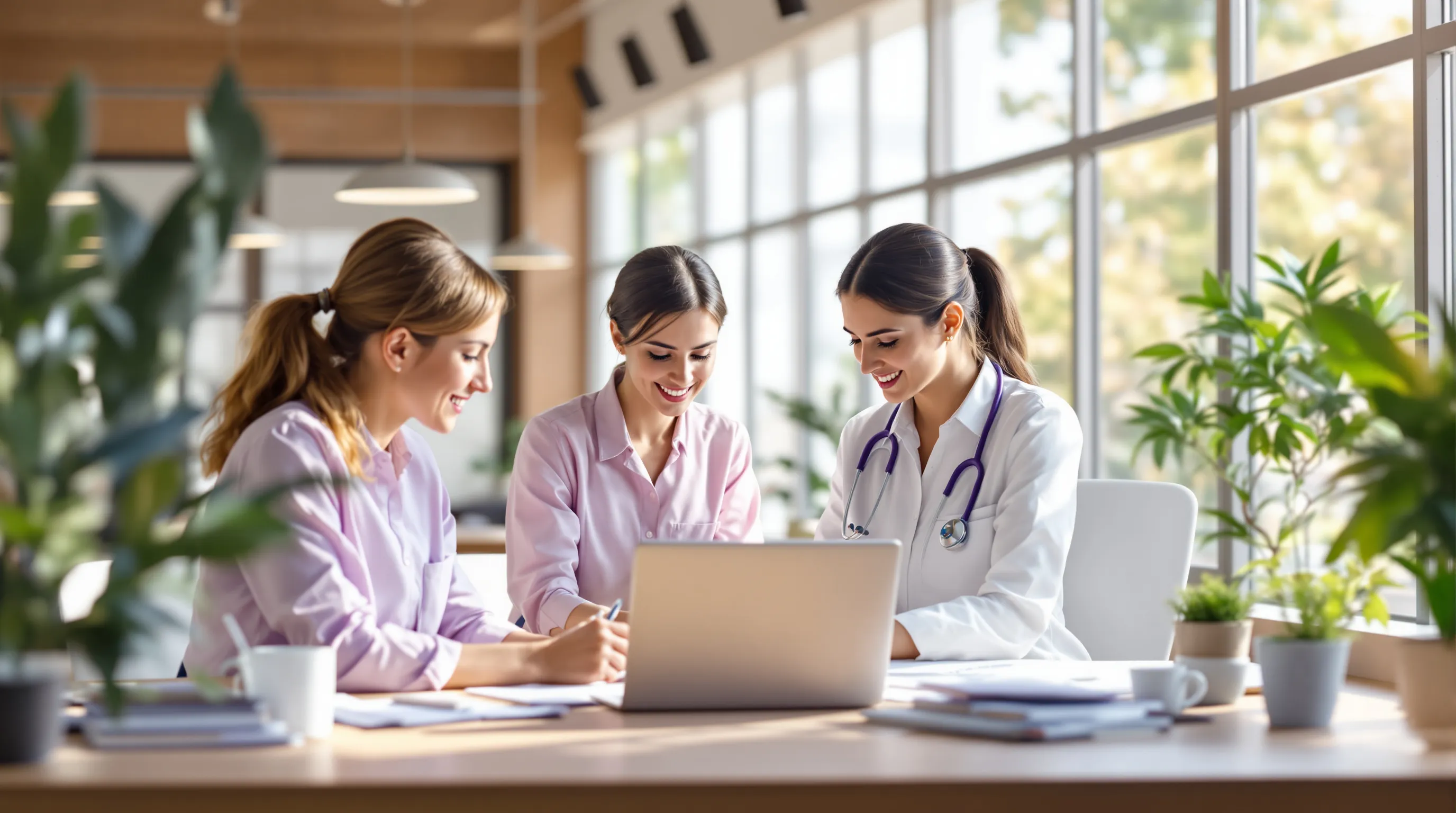 Healthcare back-office outsourcing team reviewing billing and eligibility dashboards on monitors in a modern open-plan office