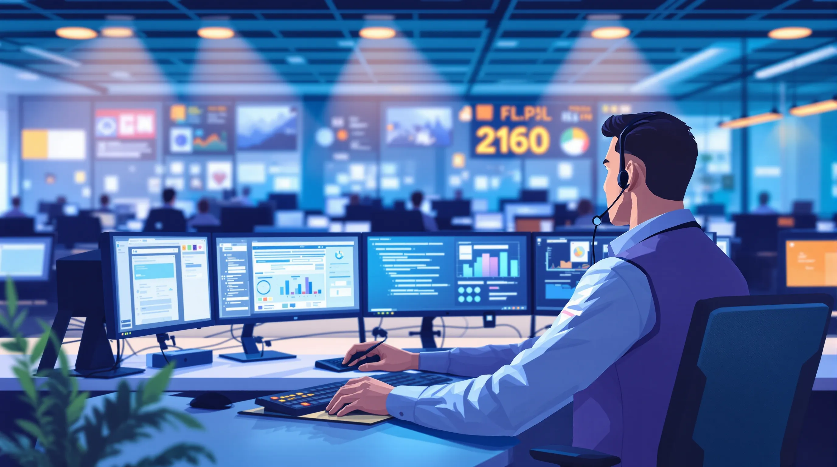 A compliance officer monitors real-time AI-flagged verification alerts on multiple screens in a modern call center control room