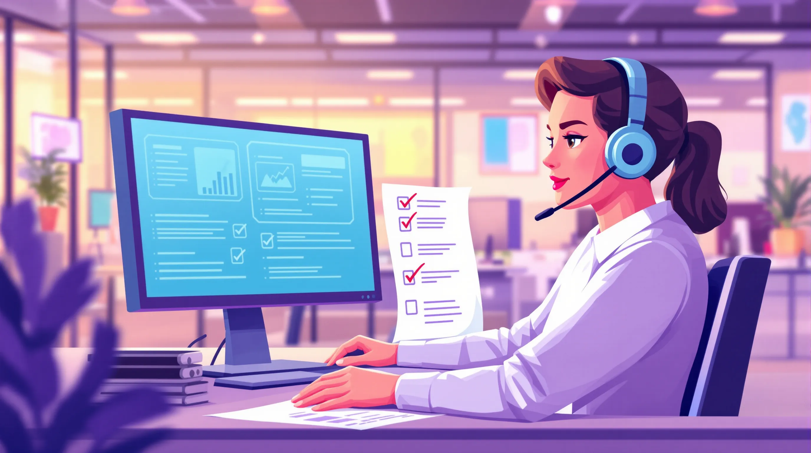 Call center compliance agent reviewing CPNI identity verification checklist at a modern workstation with dual monitors