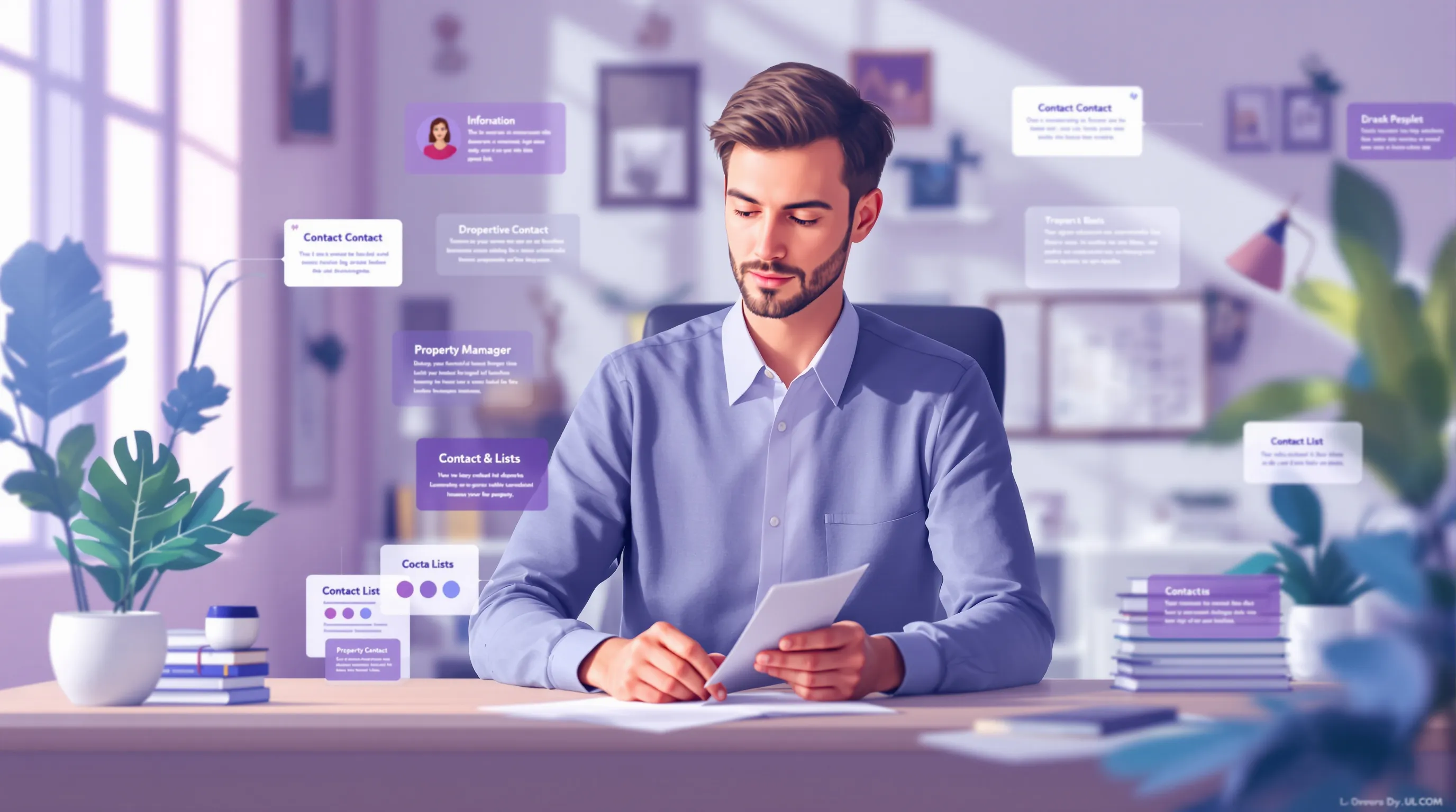 Property manager reviewing CRM contact records and lead status on a laptop with printed follow-up lists
