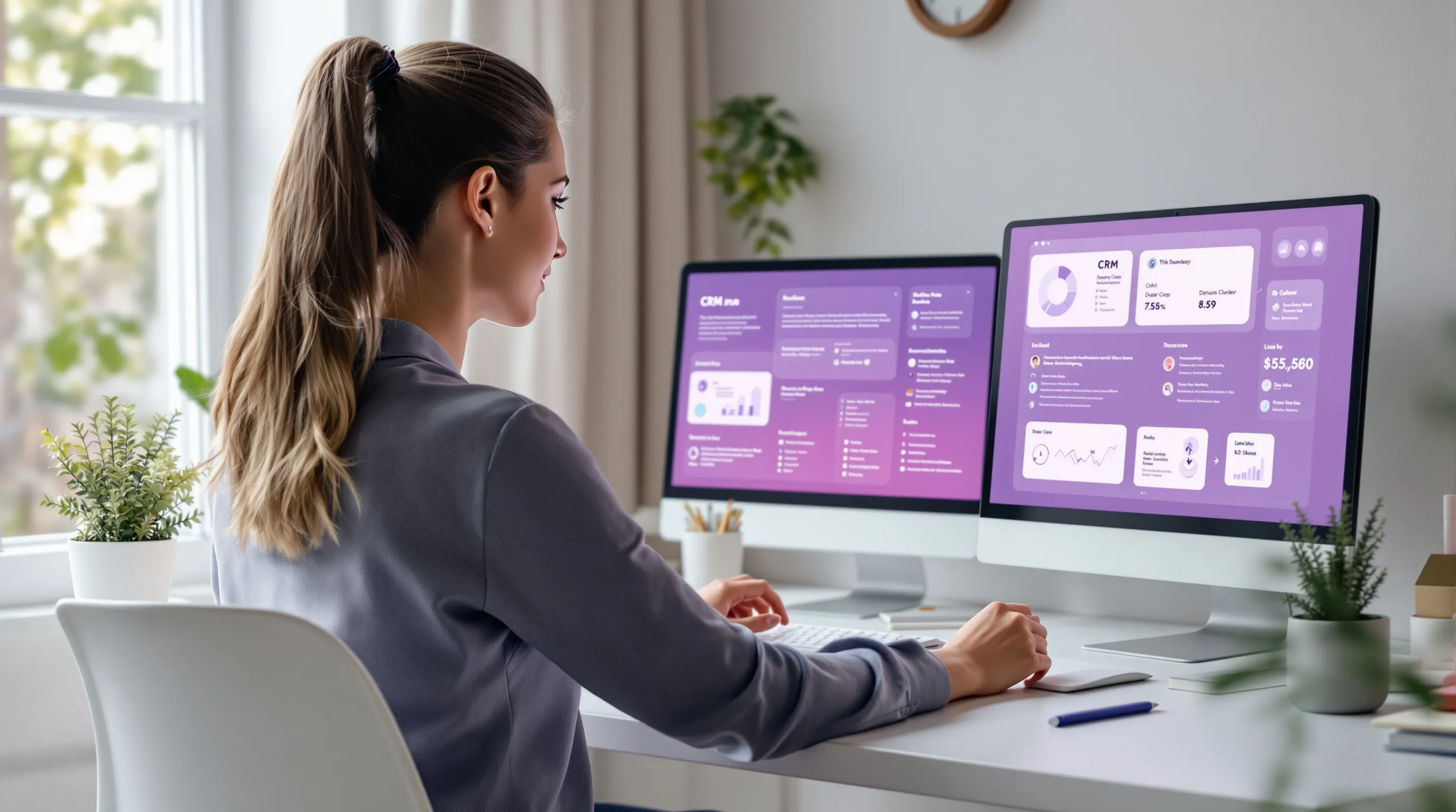 Virtual assistant managing a property management CRM database on dual monitors in a professional home office