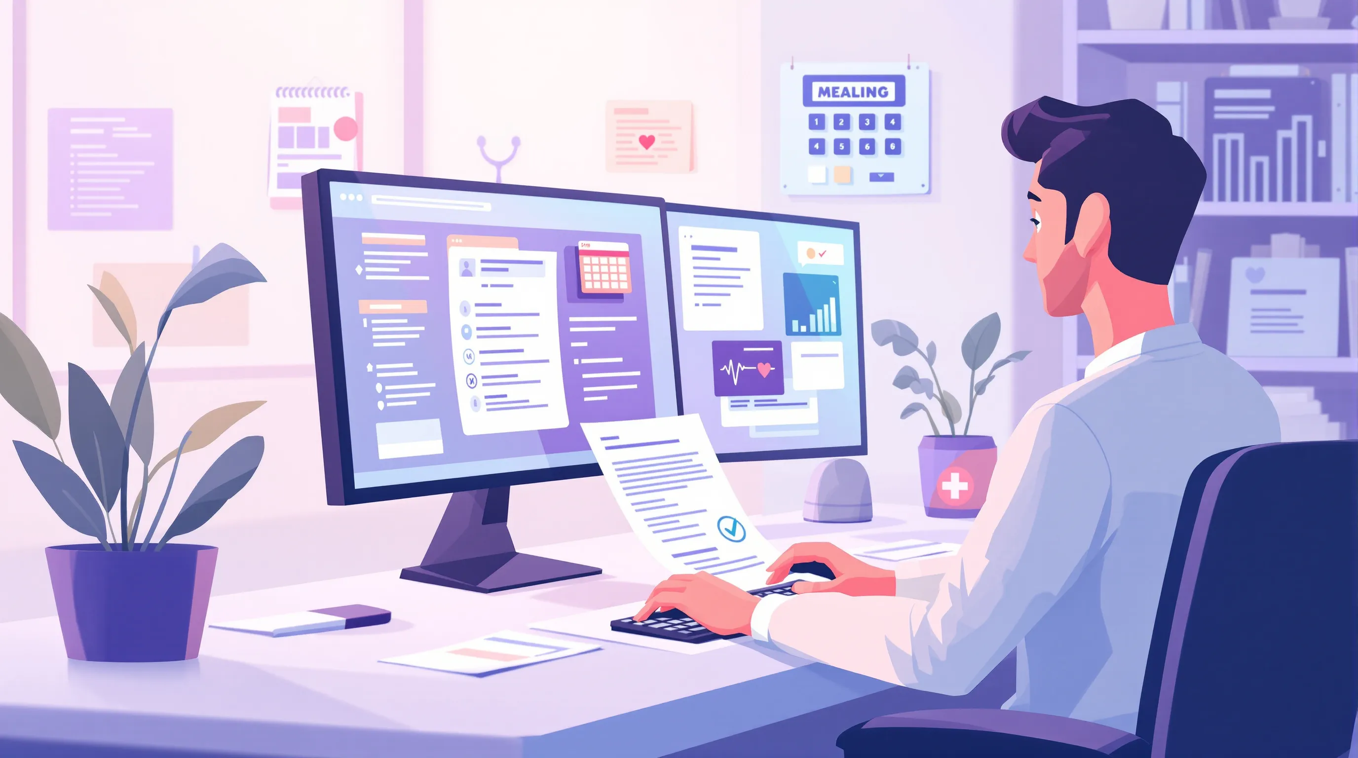 Healthcare billing specialist reviewing insurance claims at a dual-monitor workstation in a modern medical office