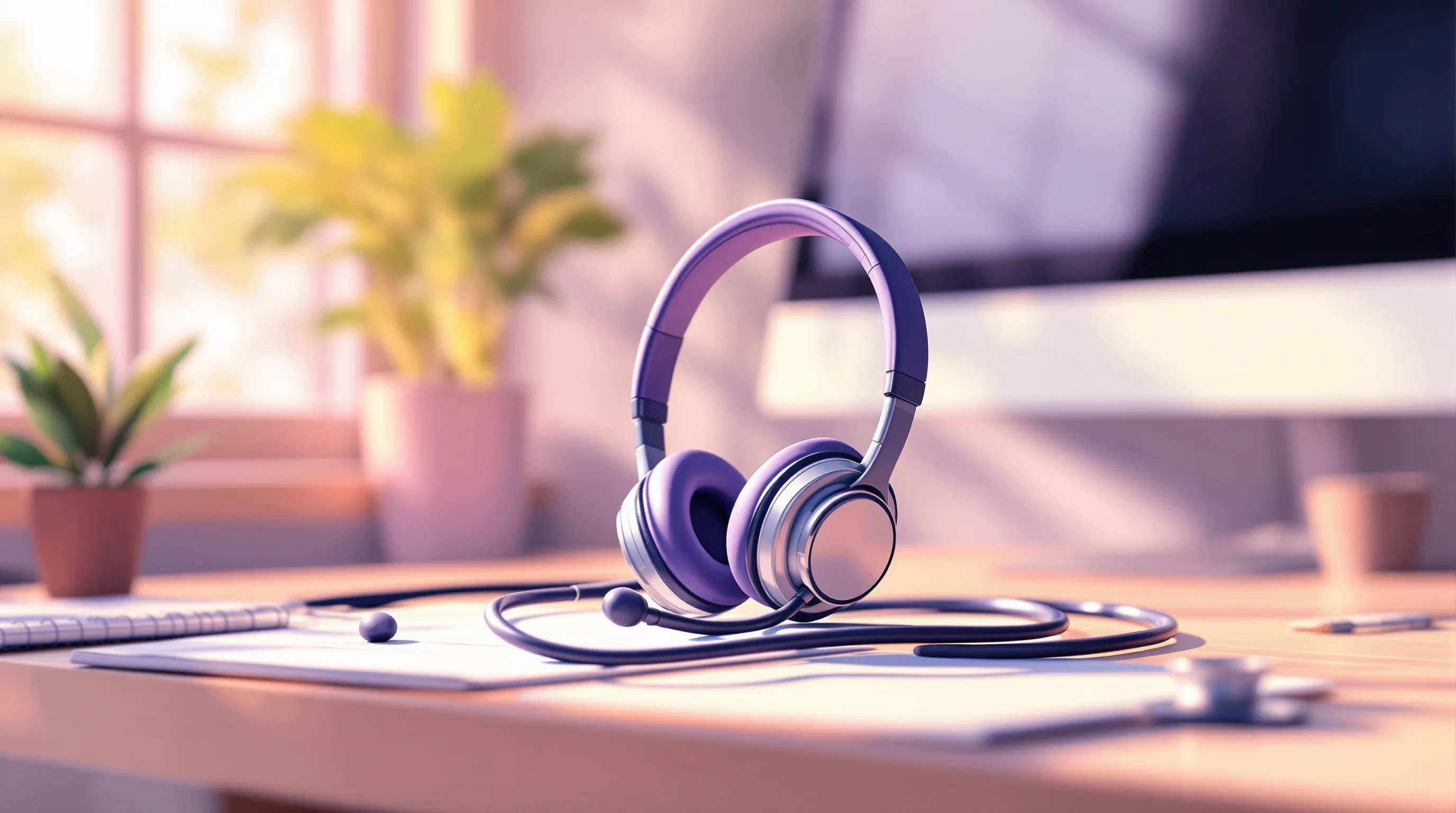 Virtual receptionist headset on a medical office desk beside a scheduling calendar screen