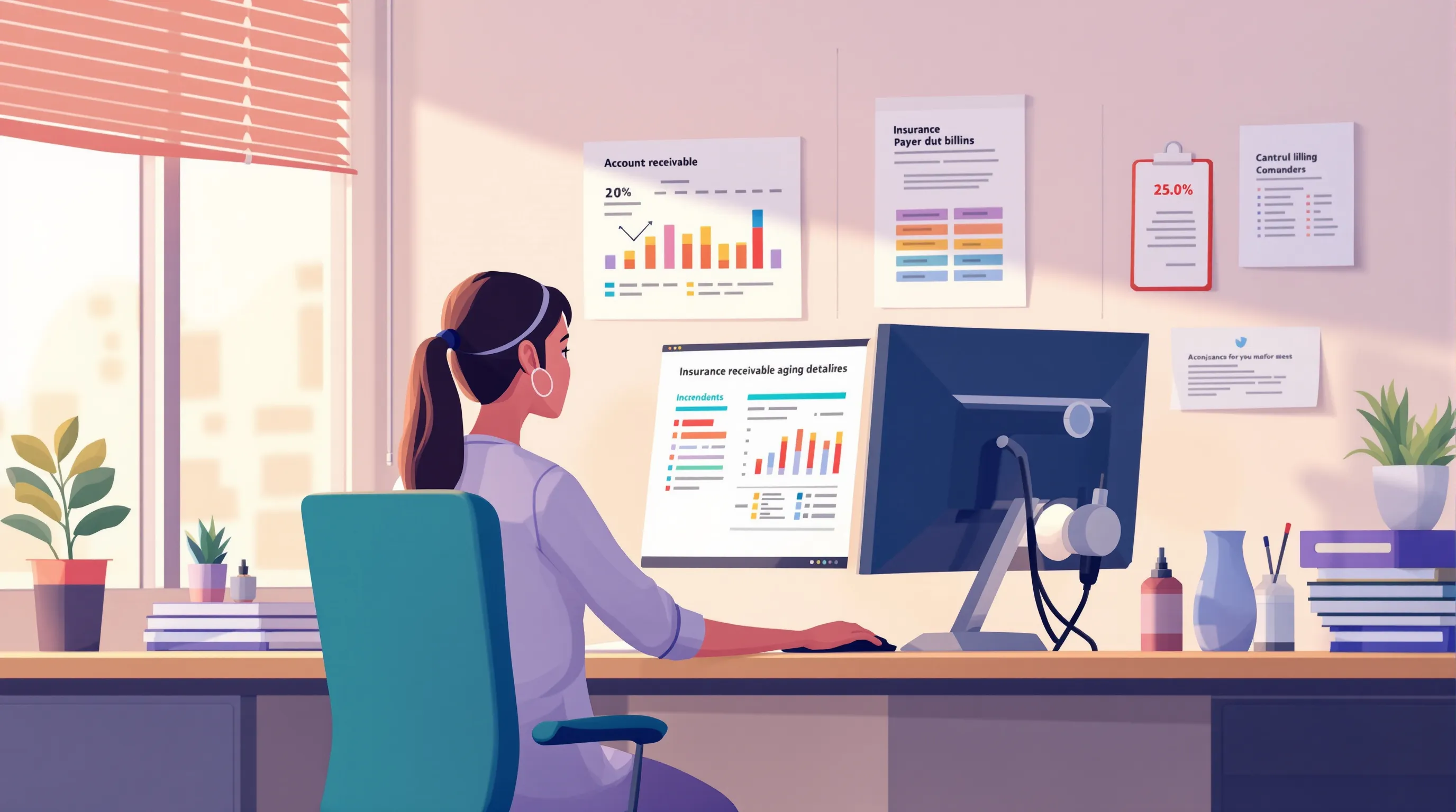 Medical billing specialist reviewing aged AR report with payer timely filing deadline calendar on screen