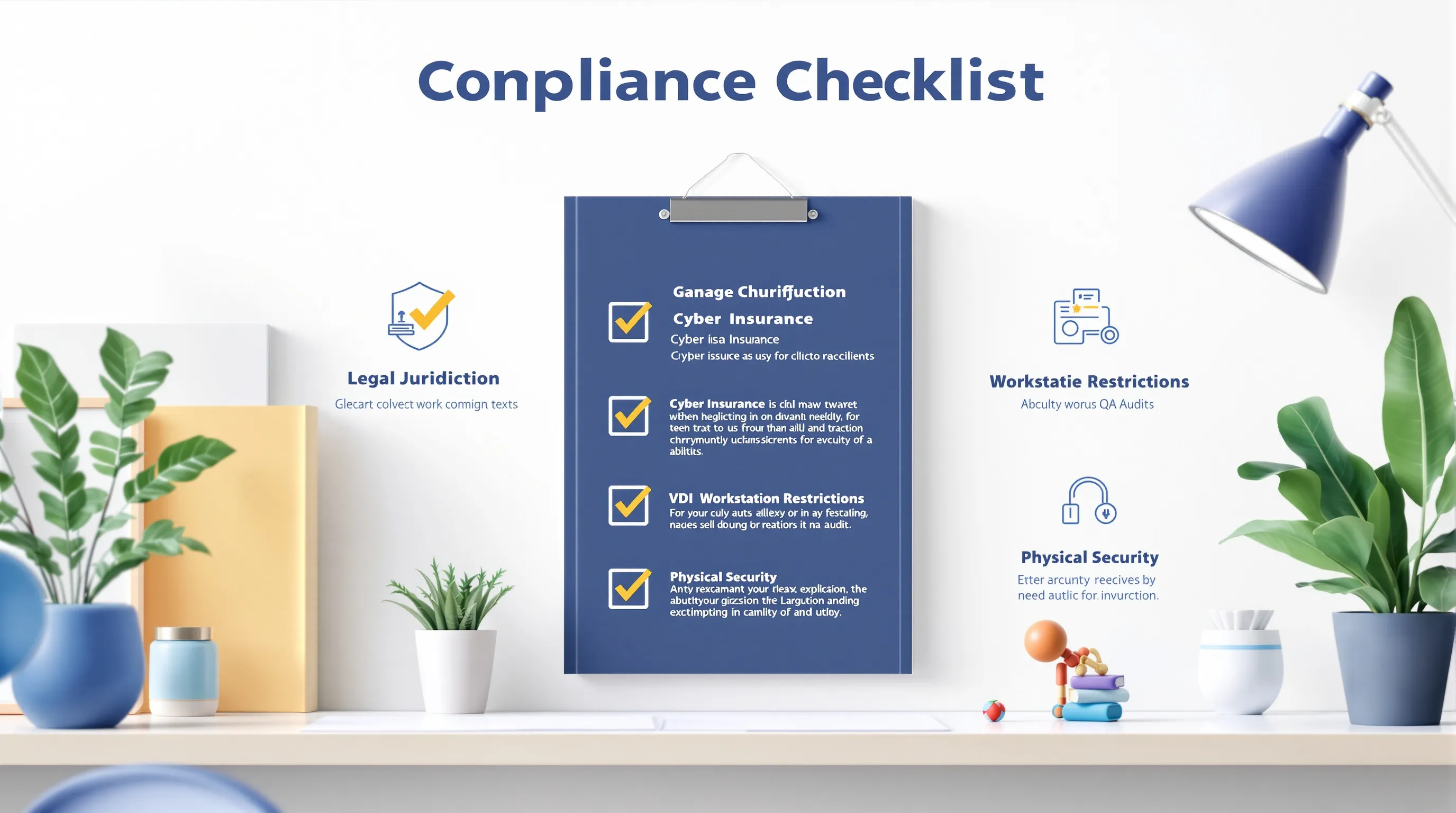 The six compliance controls for offshore virtual assistants: Legal Jurisdiction, Cyber Insurance, VDI, Workstation Restrictions, Physical Security, and Ongoing QA Audits
