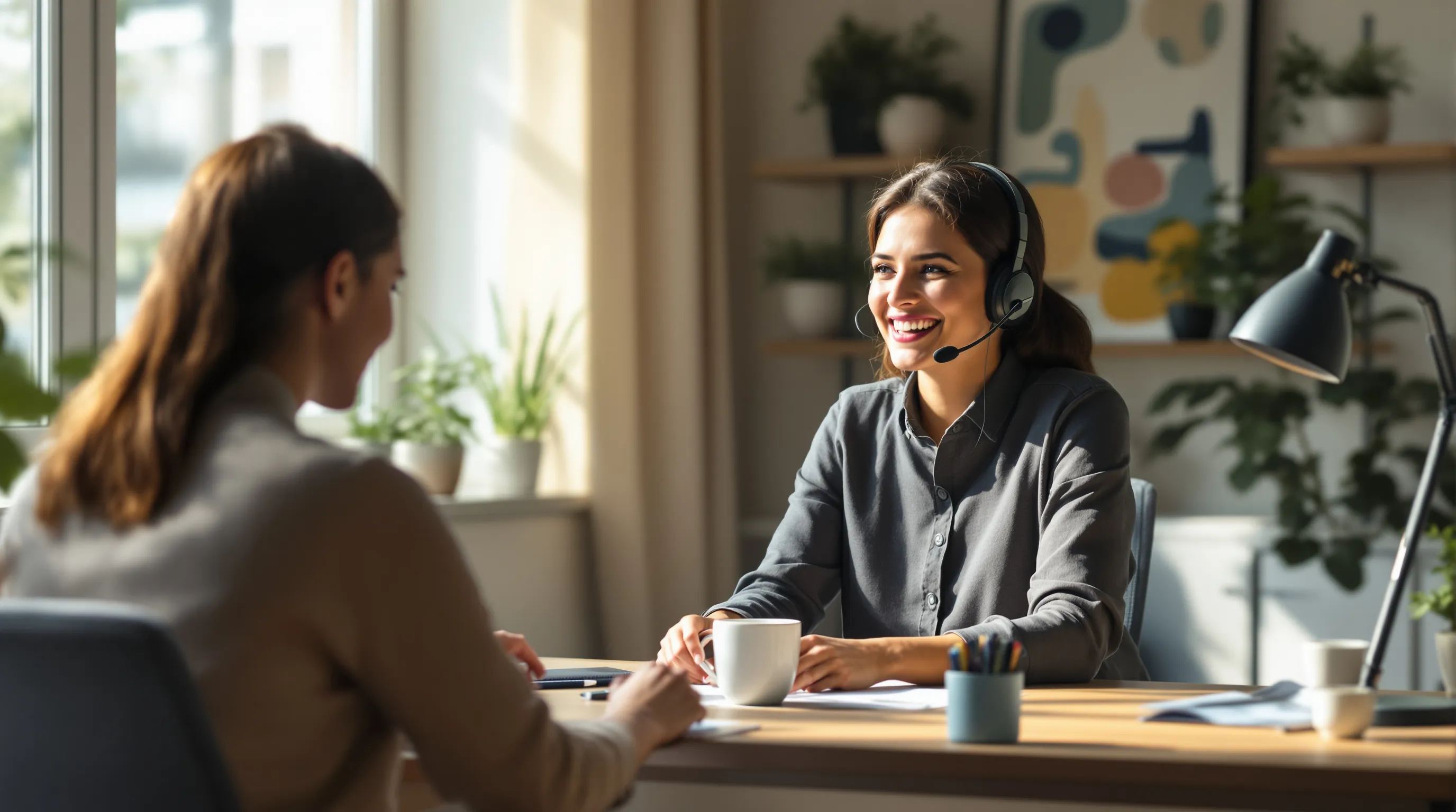 Photorealistic photo of a front-office administrator in a headset at a tidy home-office desk, smiling warmly while talking with a client, one hand resting beside a ceramic coffee mug