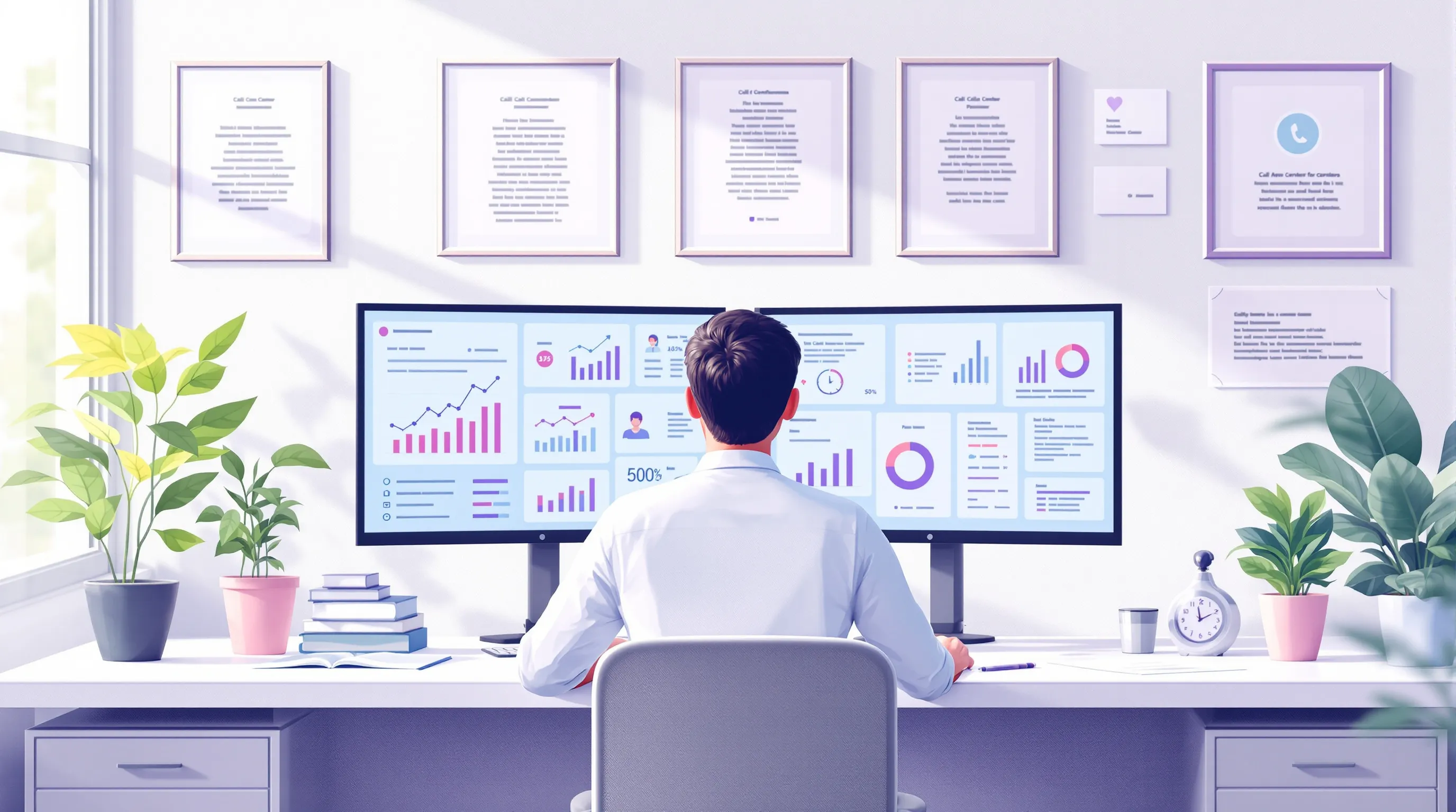 Healthcare practice manager reviewing outsourced call center KPI dashboards in a professional medical office setting