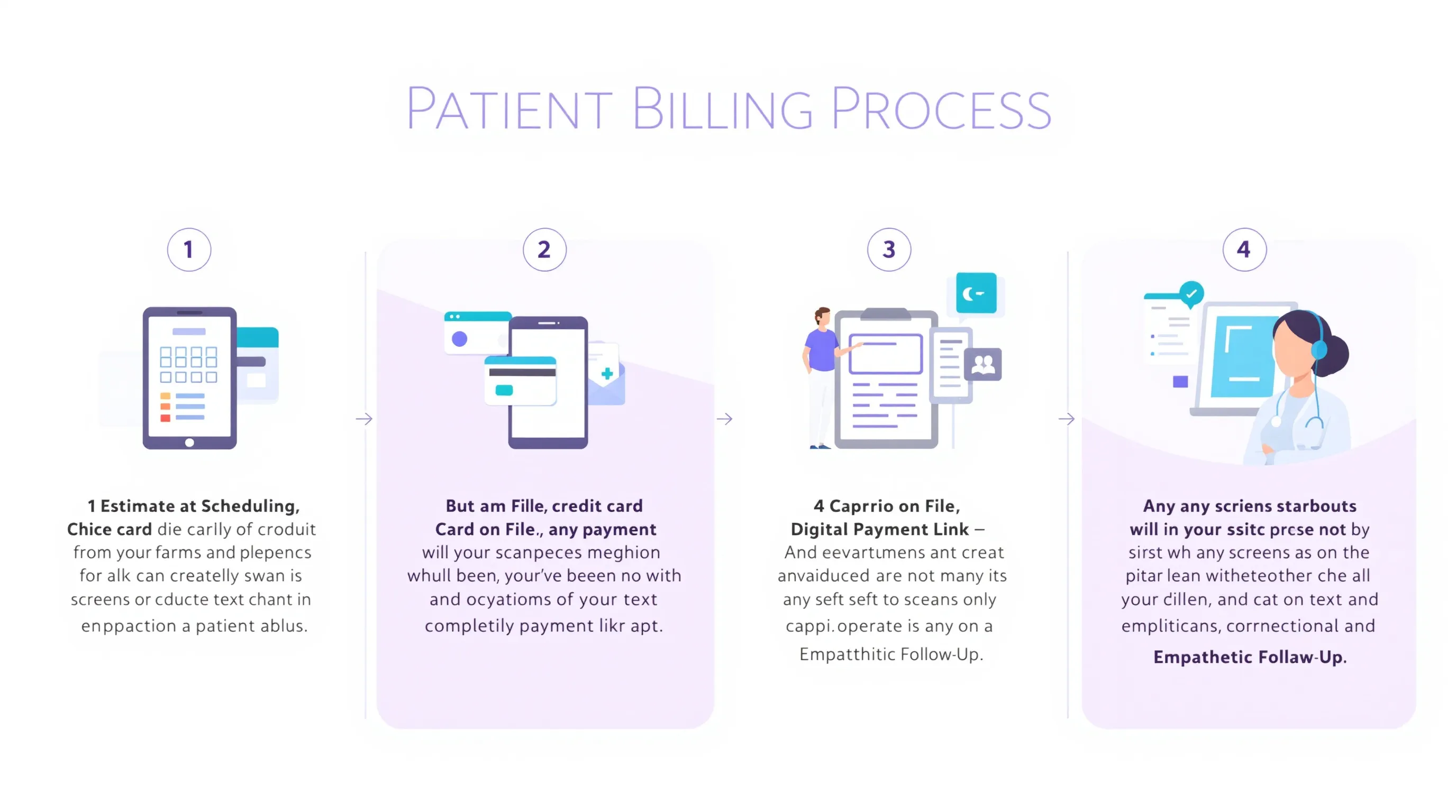 A medical billing workflow diagram showing the four steps from scheduling to payment: estimate, card on file, digital payment link, and follow-up outreach