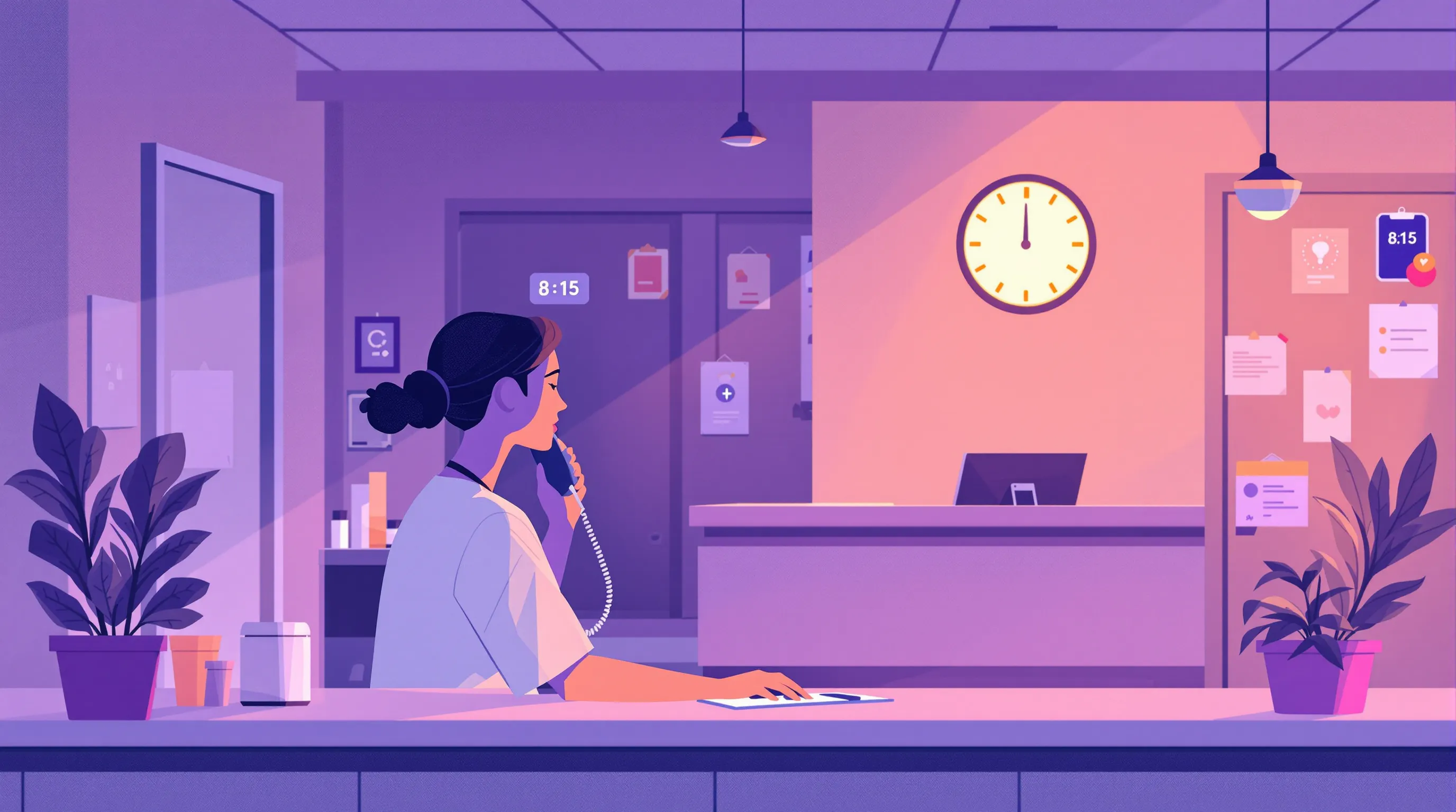 Medical receptionist at an empty clinic desk late in the evening with a ringing phone unanswered, illustrating the patient access gap during after-hours