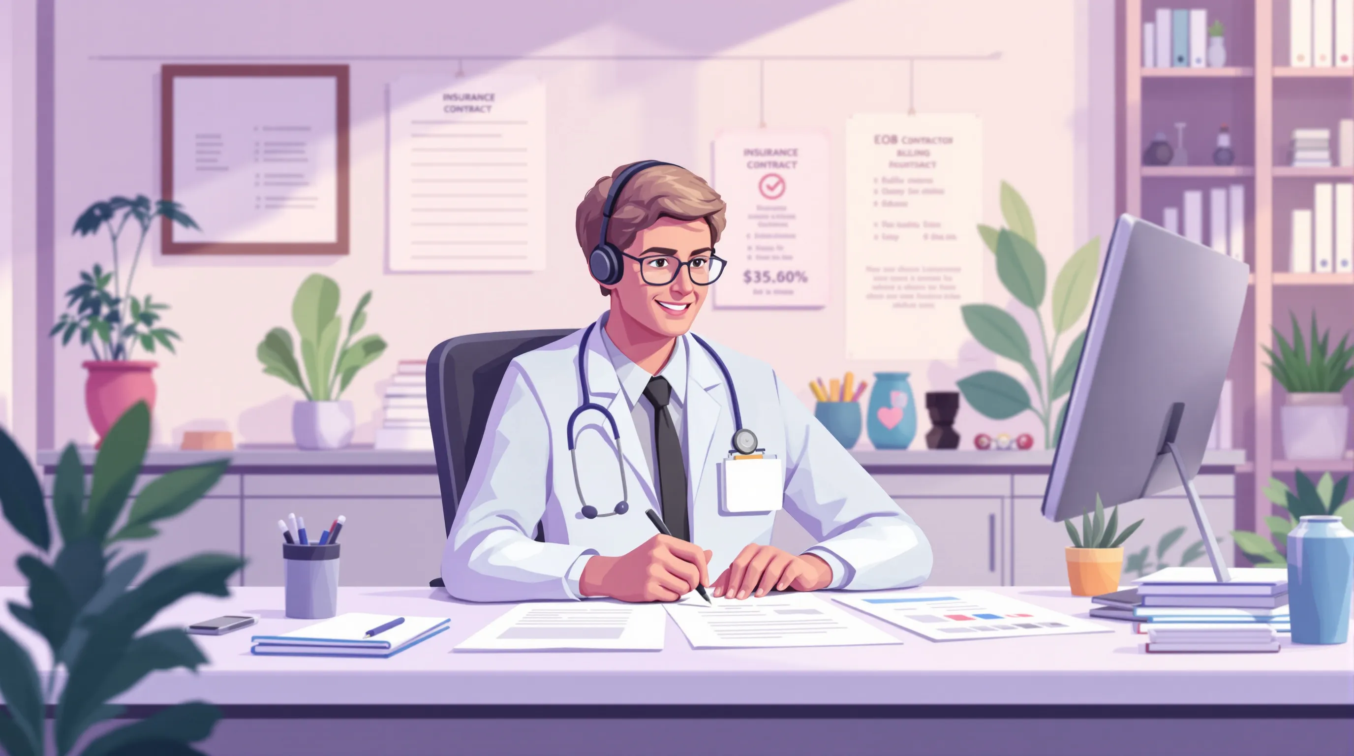 Healthcare billing specialist reviewing EOB documents and insurance contracts to identify payer underpayments
