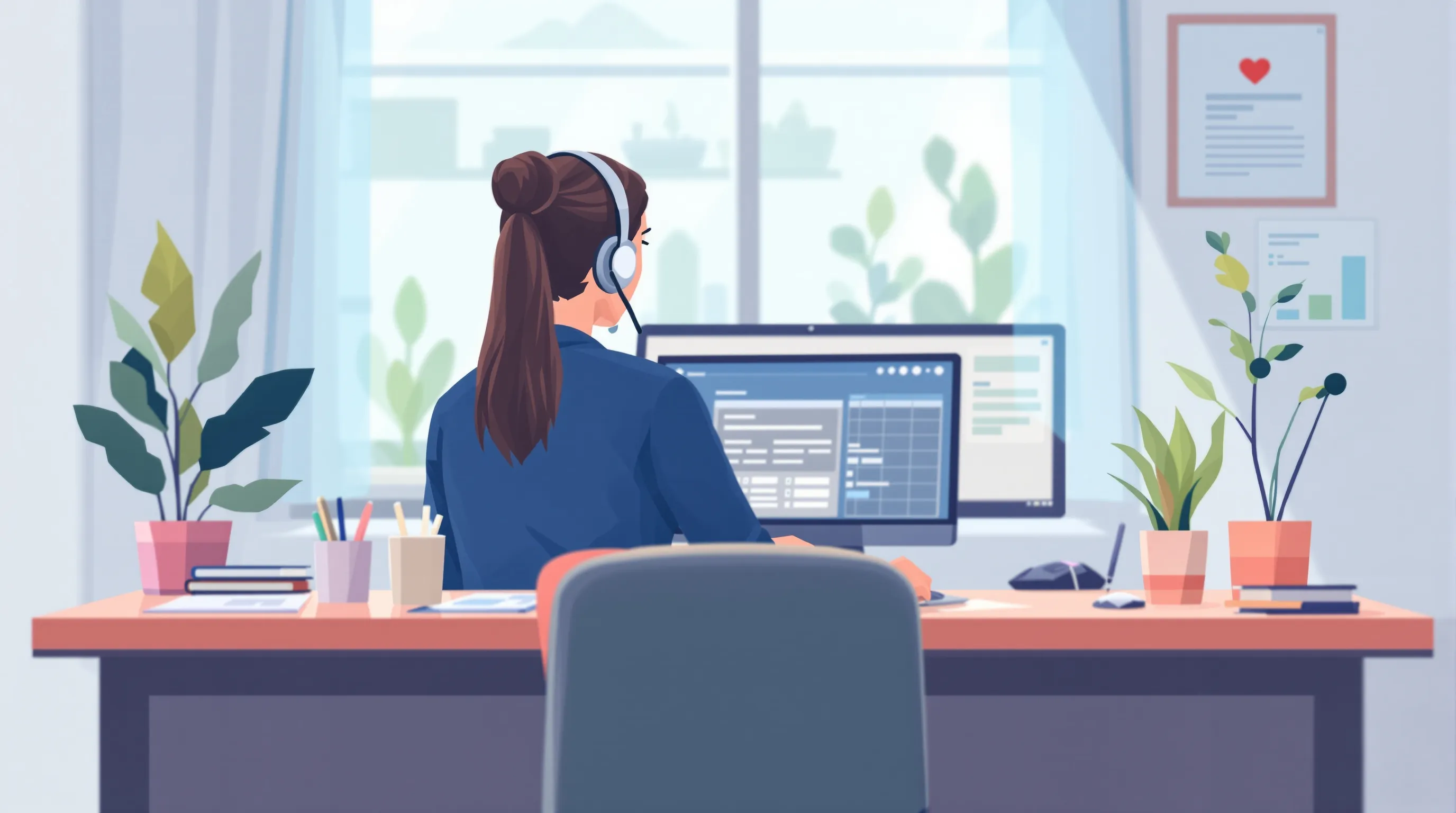 Remote medical receptionist with headset checking a printed escalation checklist beside a laptop