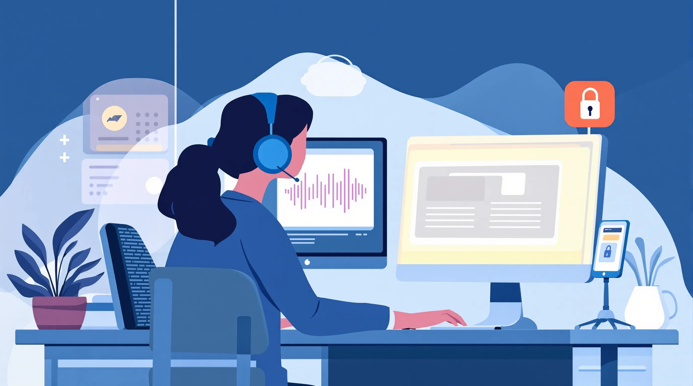 Healthcare call center agent on a headset with a monitor showing a recorded call waveform, illustrating the AI tools that can hear and store patient calls