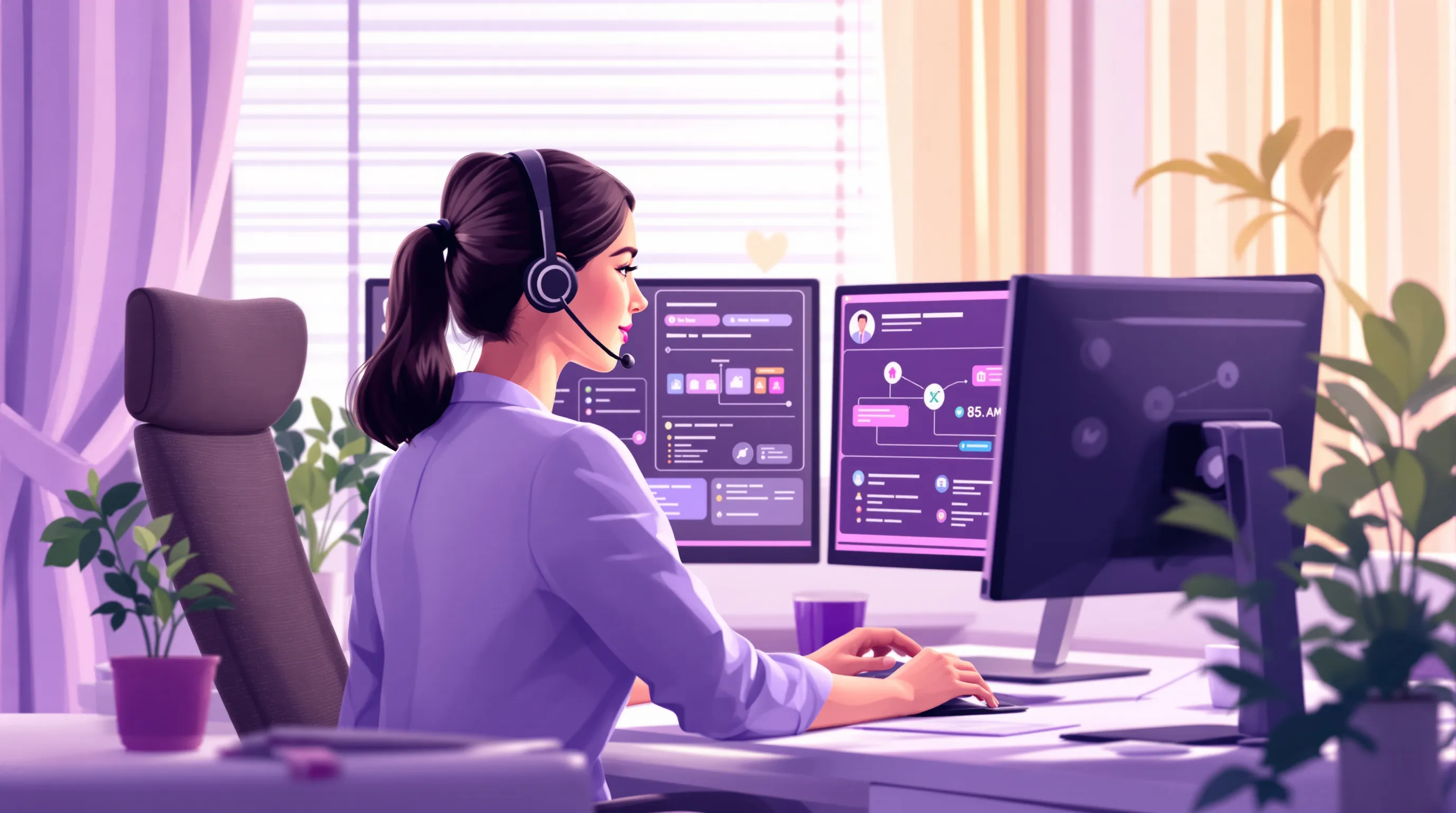A Filipino medical virtual assistant working remotely at a computer with a headset, reviewing a healthcare scheduling interface