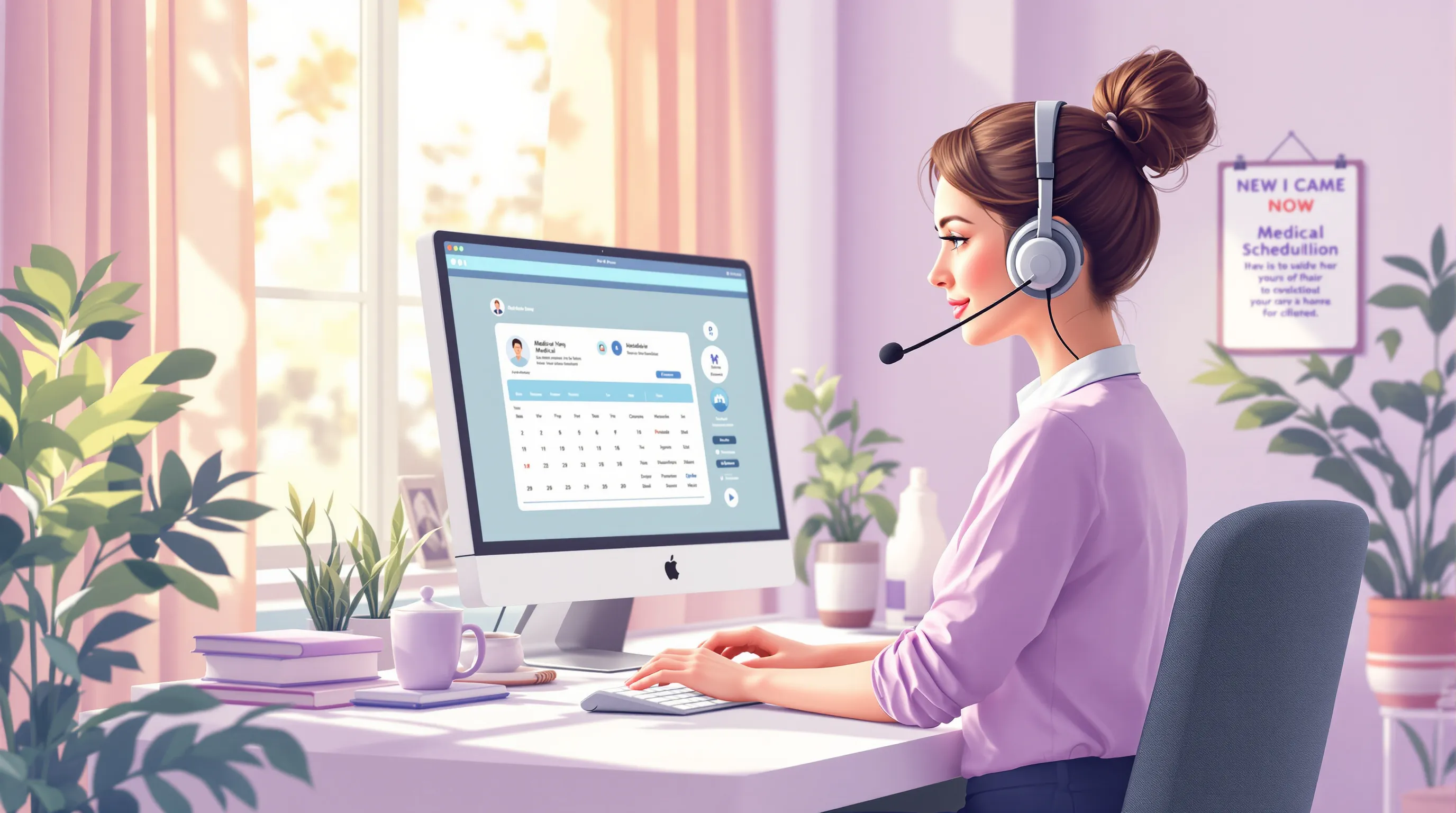 Offshore medical virtual assistant working remotely with headset and medical scheduling software