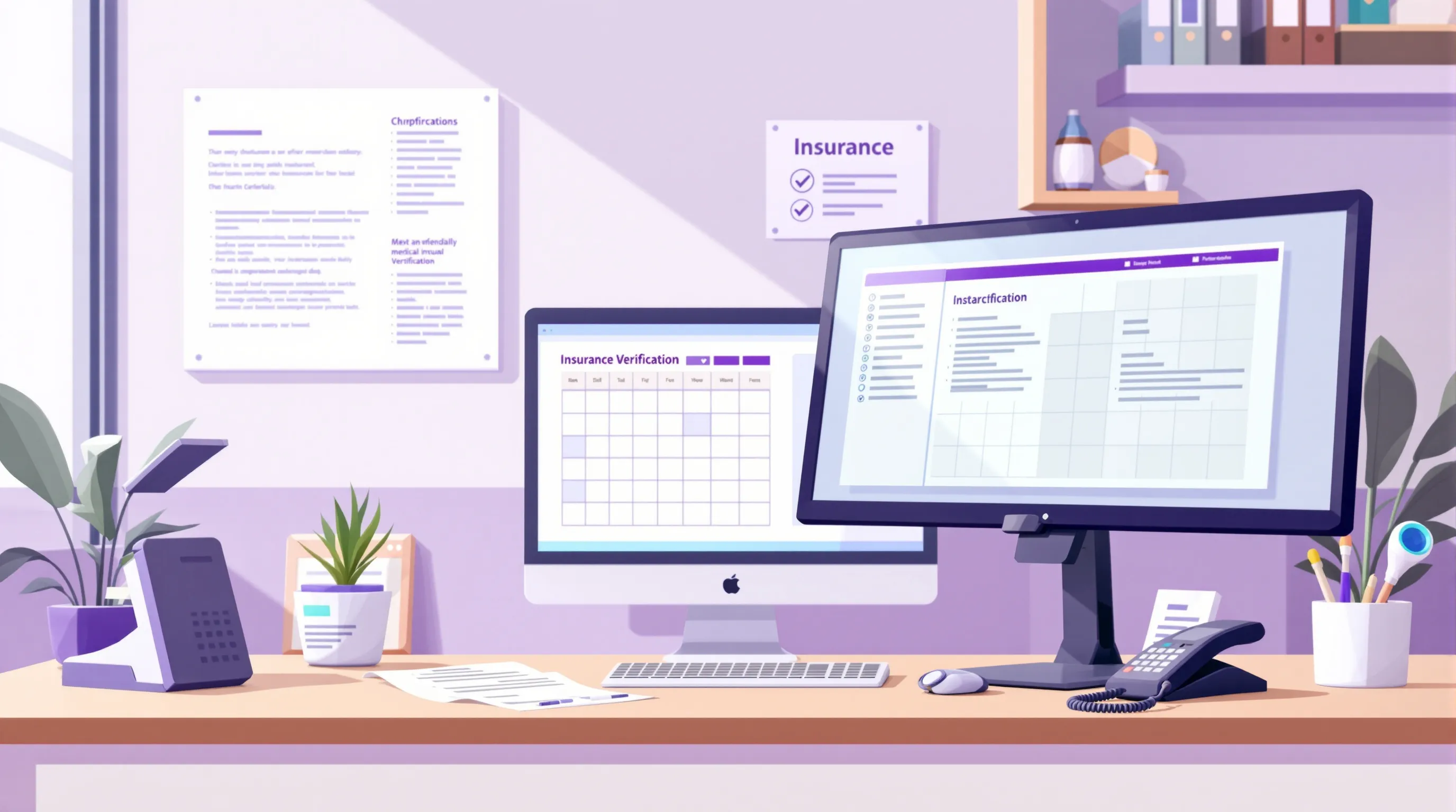 A chiropractic front-desk workspace showing a scheduling screen and insurance verification paperwork