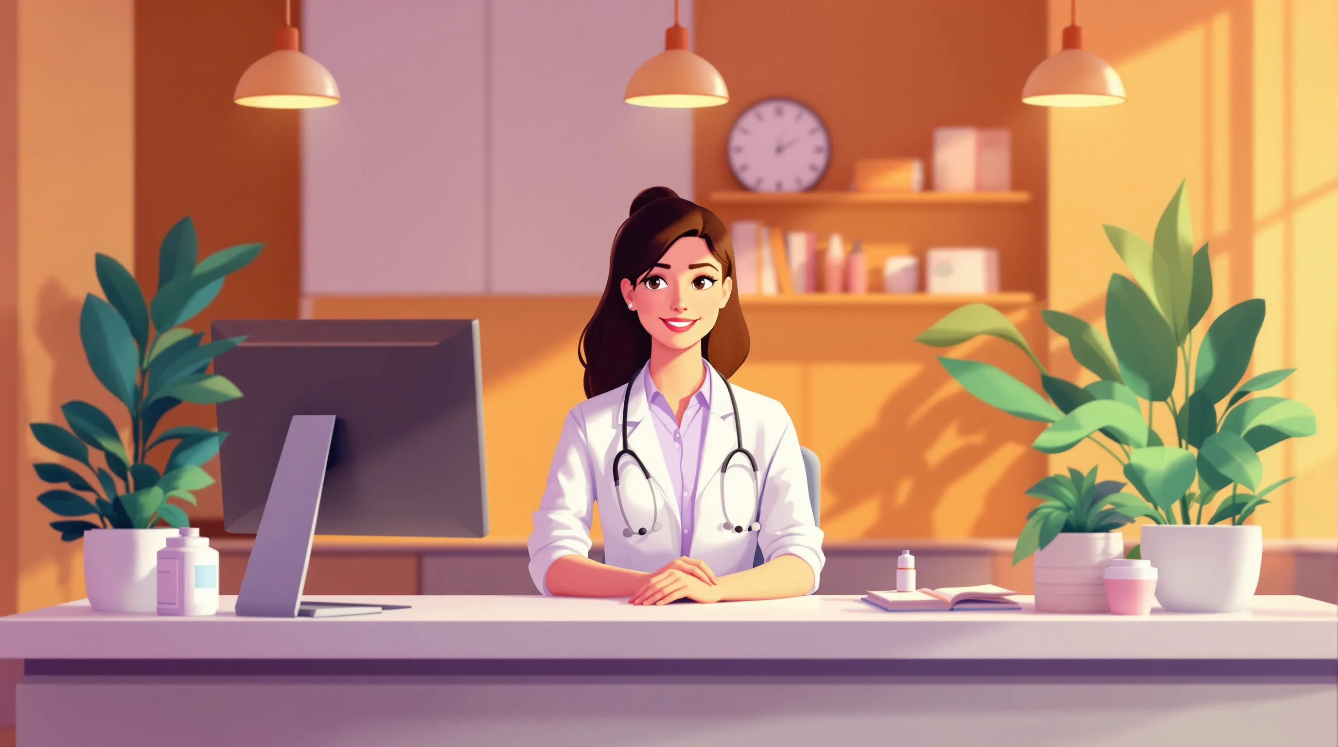 A warm, professional medical practice front desk where a staff member reviews patient financial information on a screen, conveying transparency and care rather than collections pressure