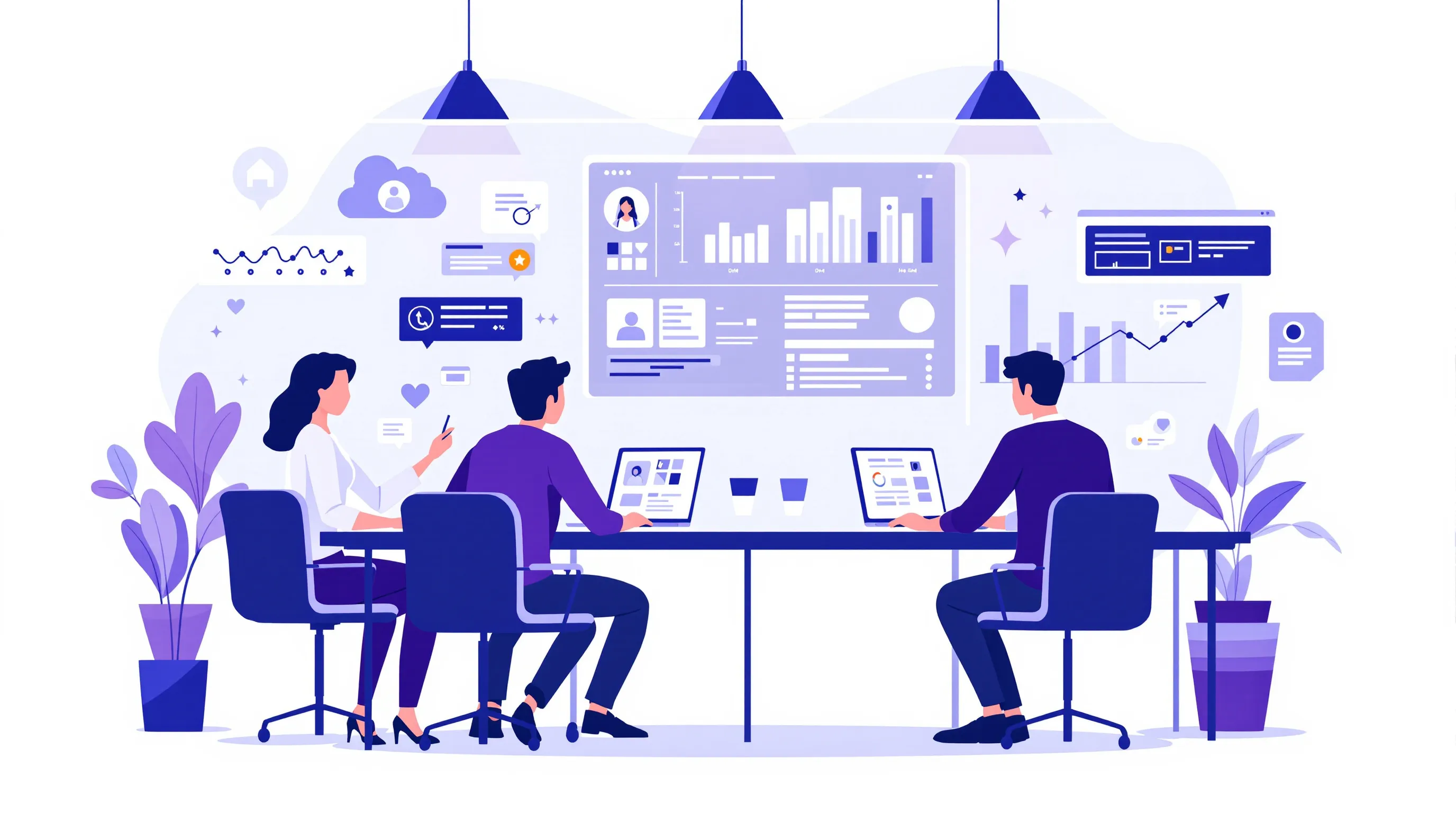 Marketing agency team collaborating on white-label customer support strategy in a modern office setting