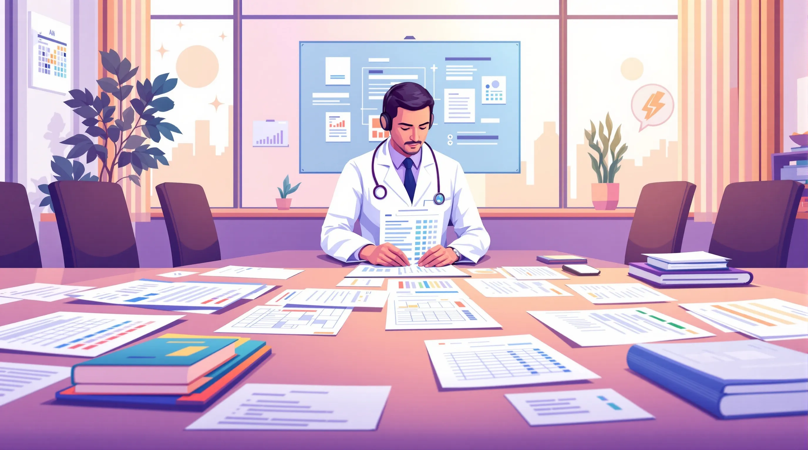 Healthcare compliance officer reviewing back-office function audit worksheets organized by category across a conference table