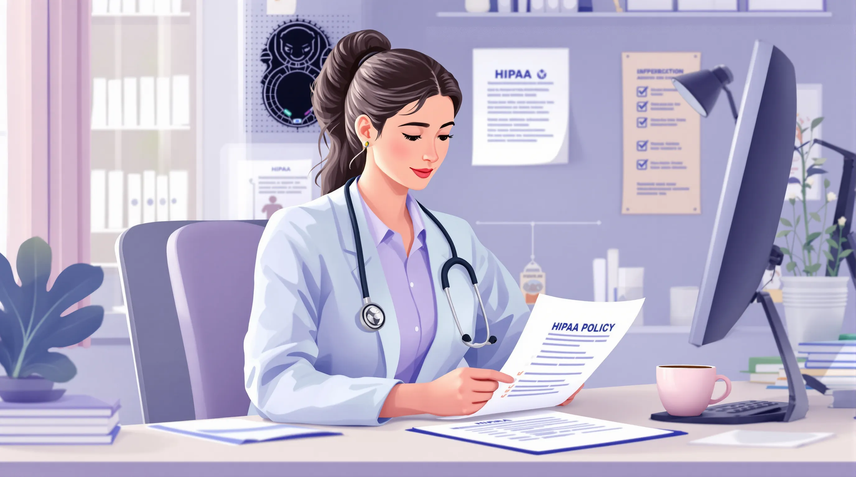 Healthcare practice administrator reviewing HIPAA compliance checklist for virtual medical assistant oversight - secure virtual desktop environment