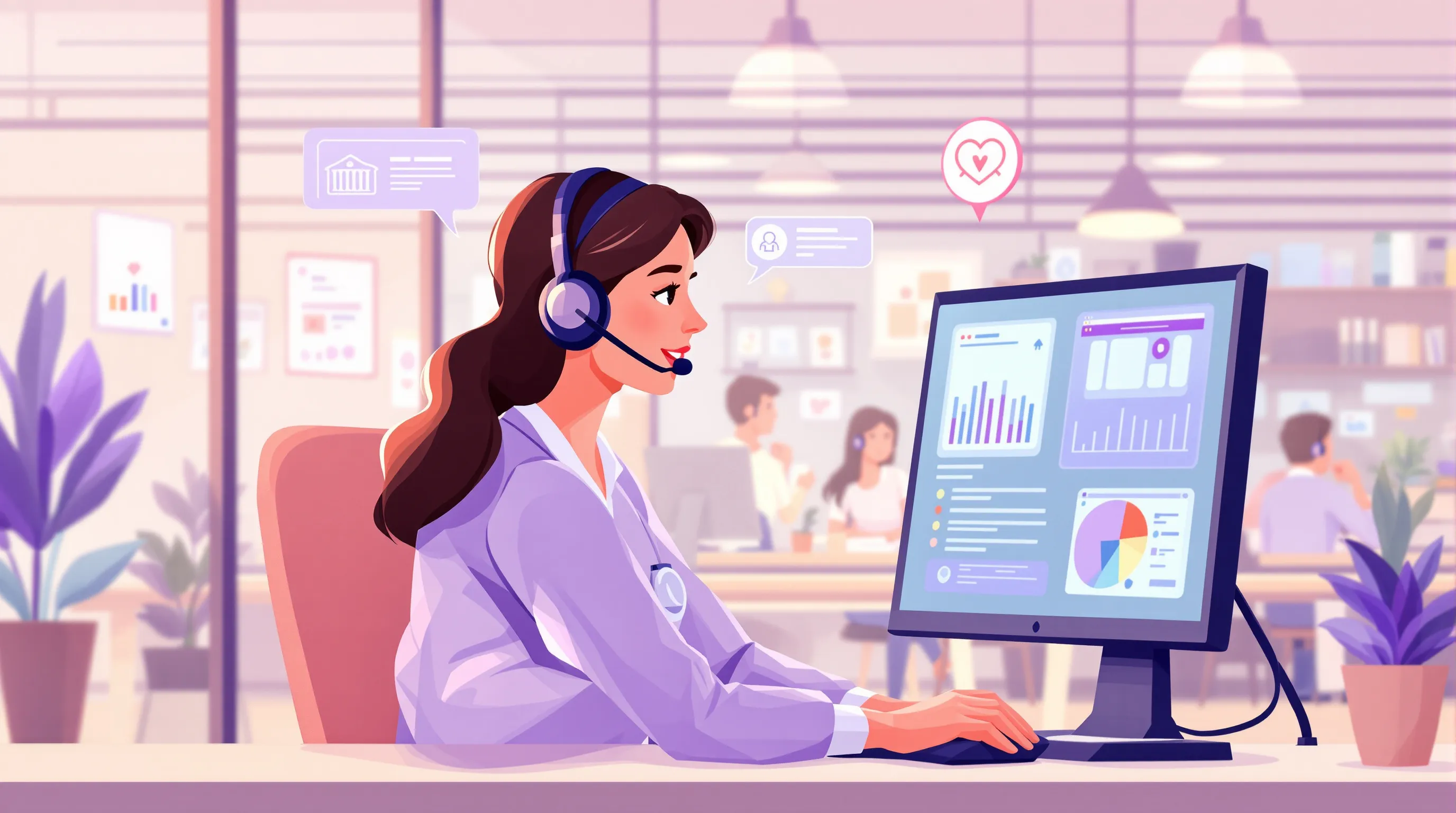 Healthcare call center agent handling an inbound patient call while reviewing electronic records in a professional BPO environment