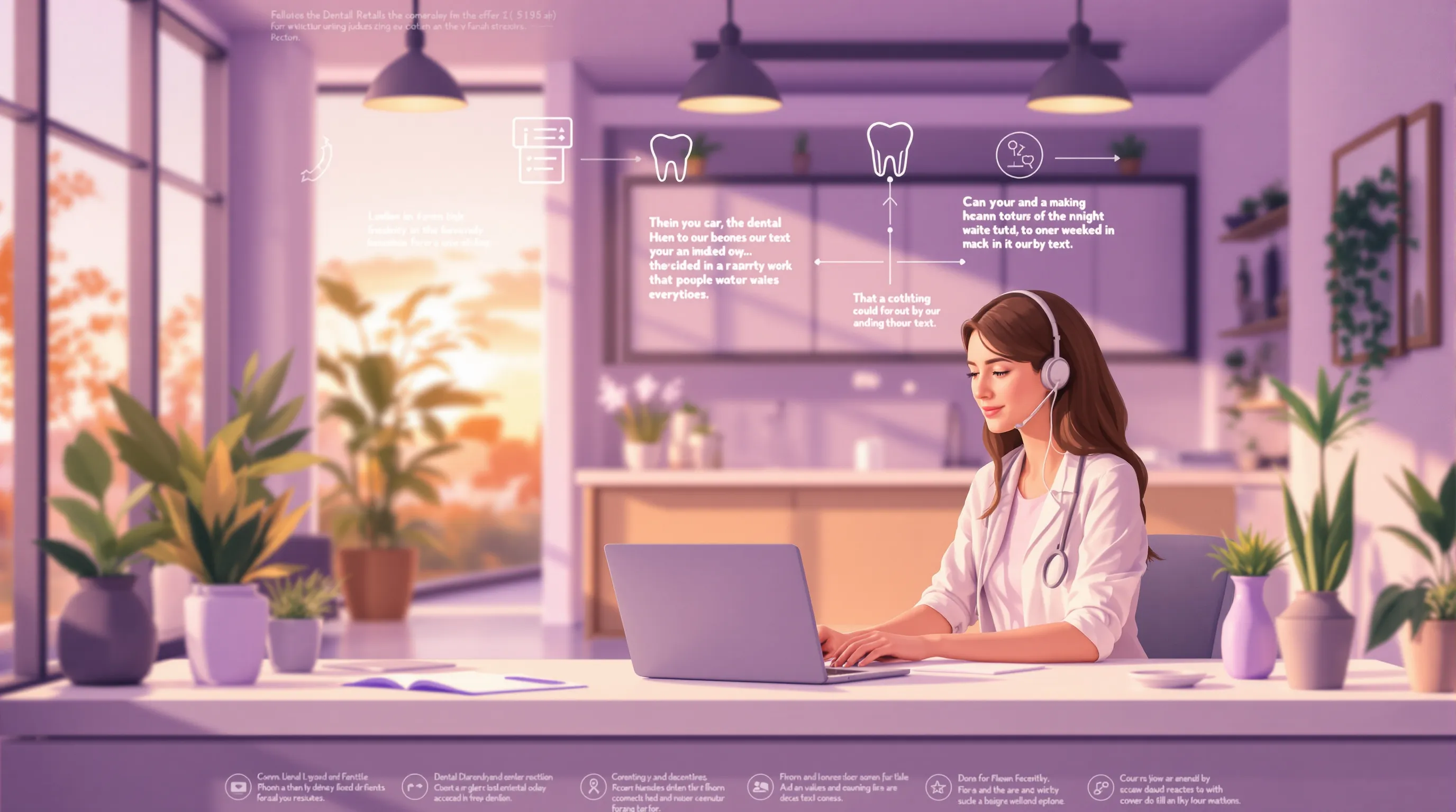 Dental practice financial coordinator working at a front-office desk with a laptop and headset