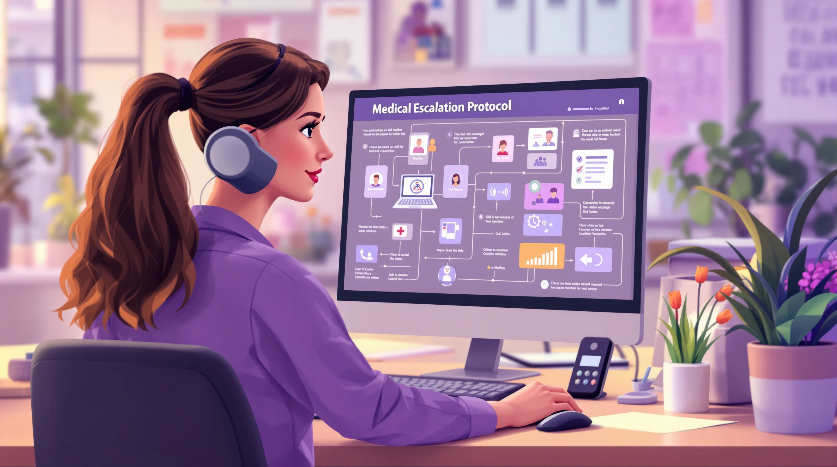 Healthcare call center agent reviewing a medical escalation protocol on screen