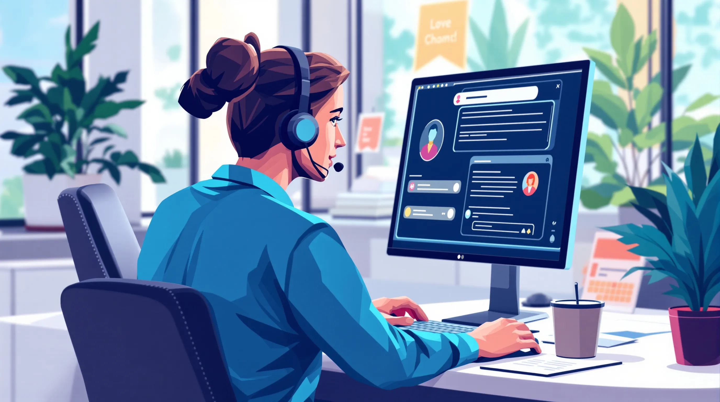 Live chat agent with a headset answering a customer's pre-purchase question at a desk