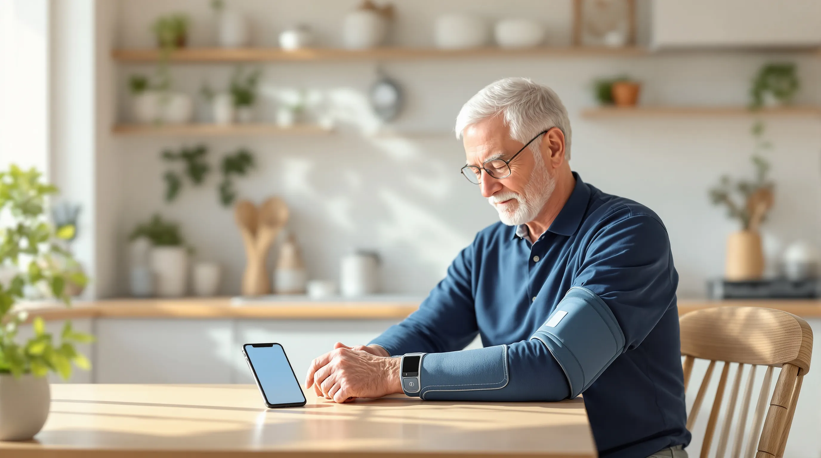 Older adult putting on a connected blood pressure cuff at a kitchen table to send a remote patient monitoring reading