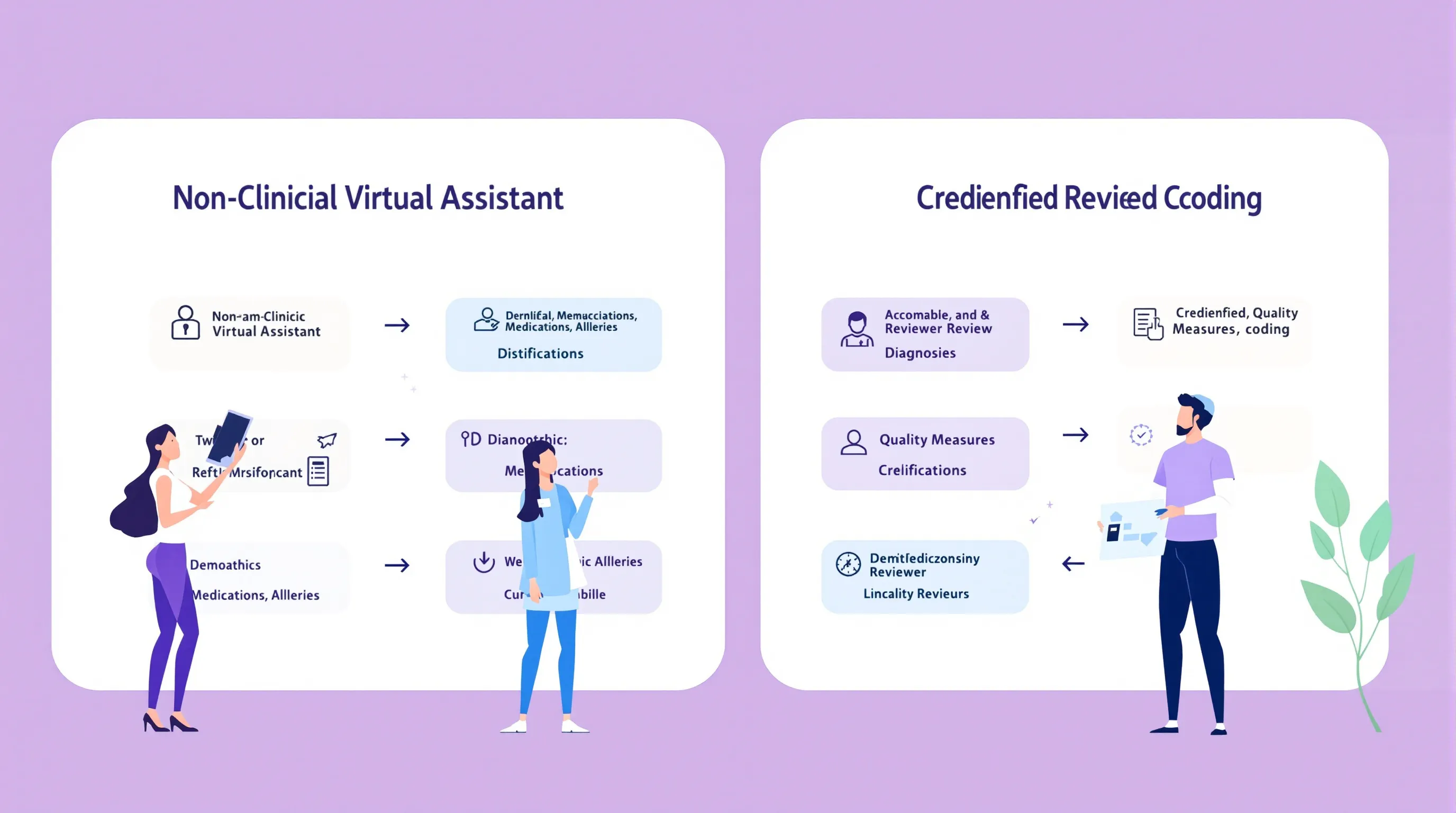 Diagram comparing what a non-clinical virtual assistant can abstract versus tasks requiring a credentialed reviewer