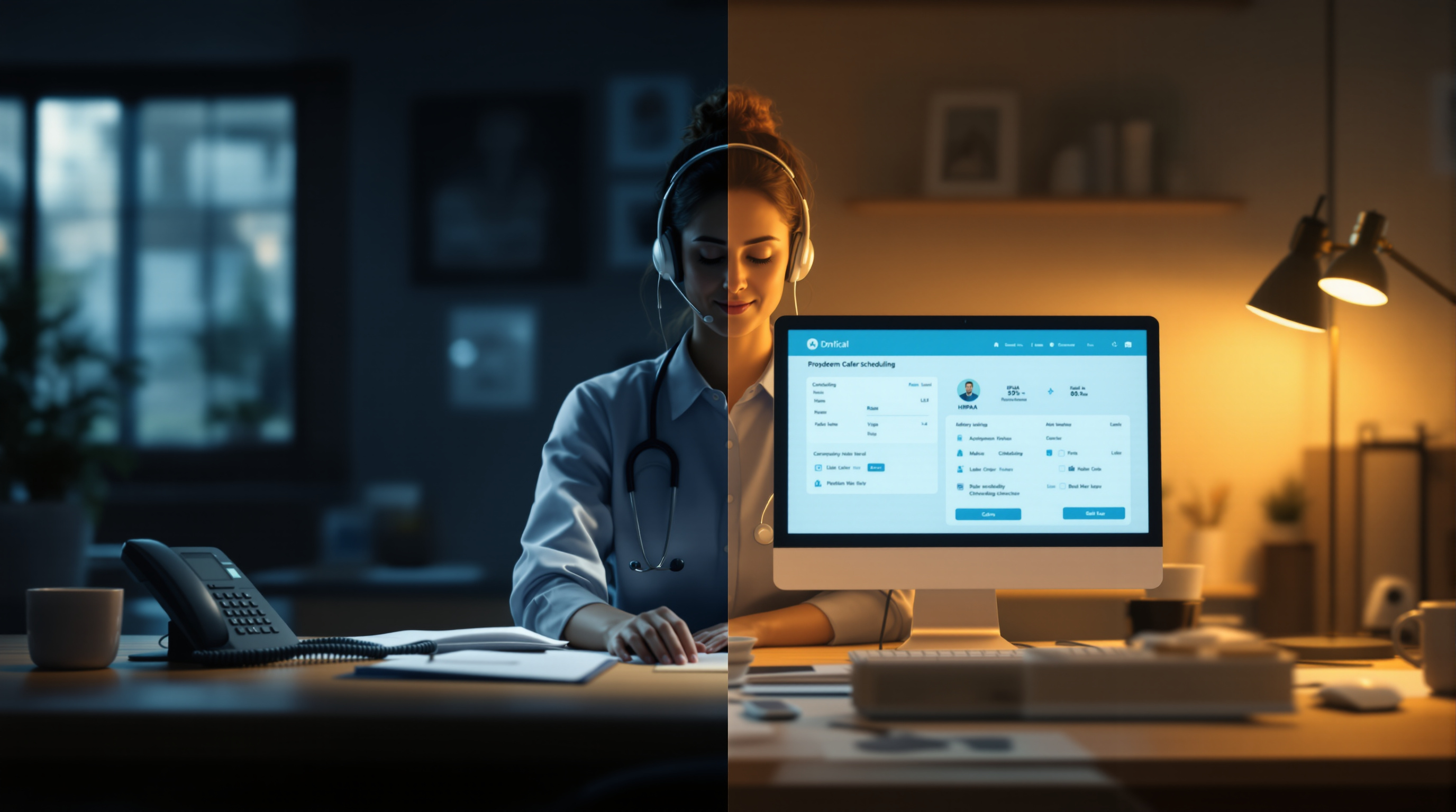 Side-by-side comparison of an unanswered after-hours call at an empty medical office versus a live agent taking a patient call in a managed healthcare BPO setting