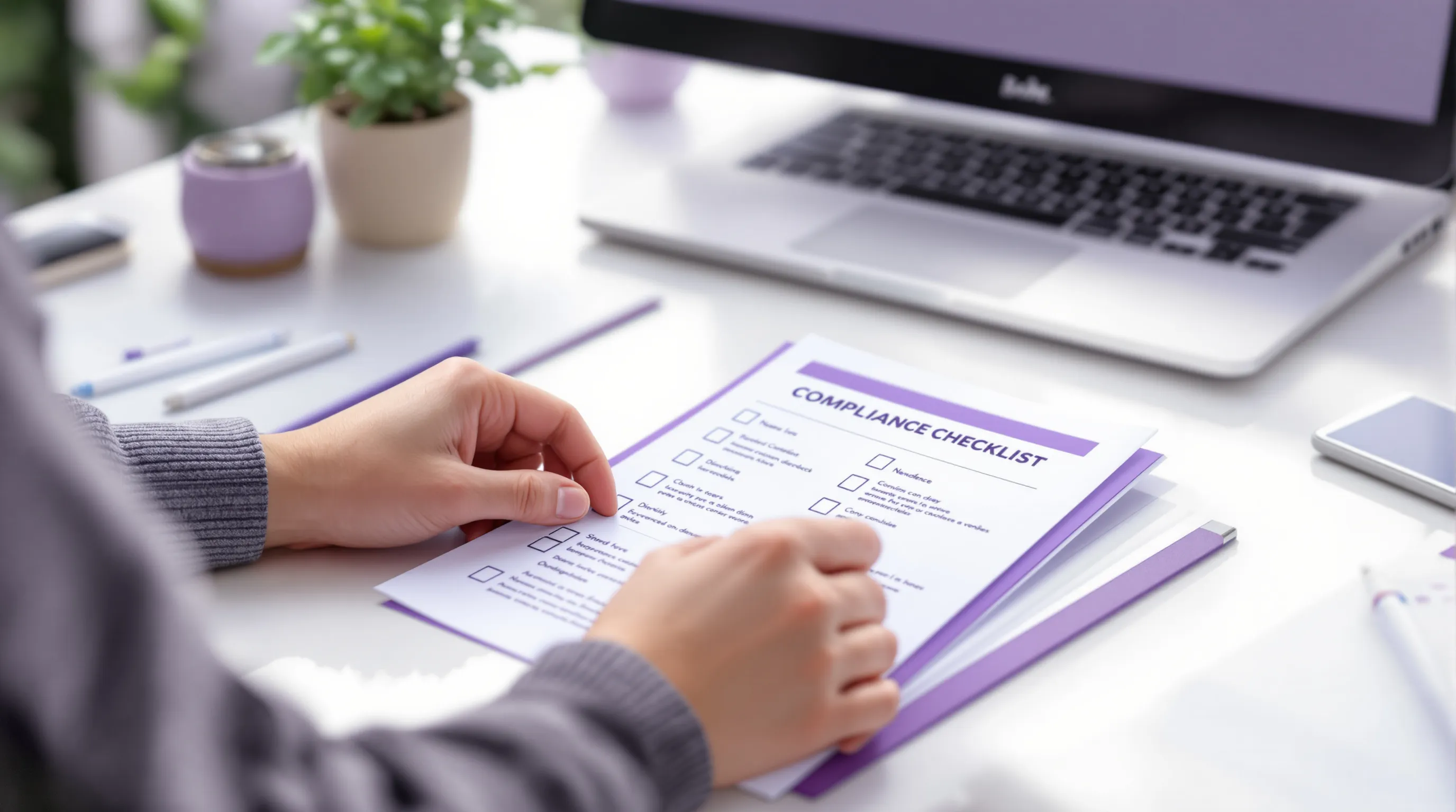 A medical VA compliance checklist beside a laptop showing a healthcare EHR login screen