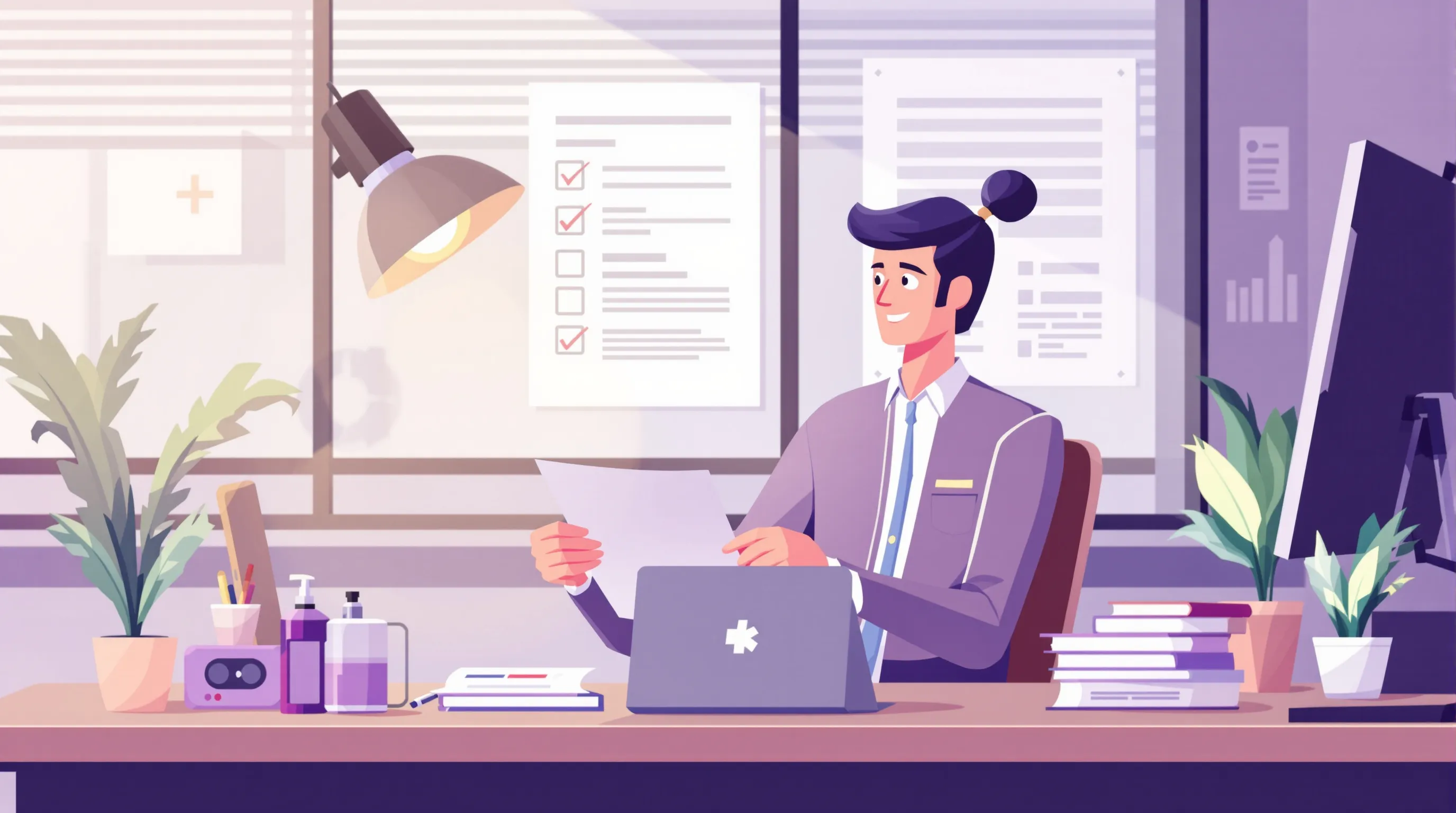 Healthcare compliance officer reviewing vendor certification documents and a front-desk outsourcing checklist