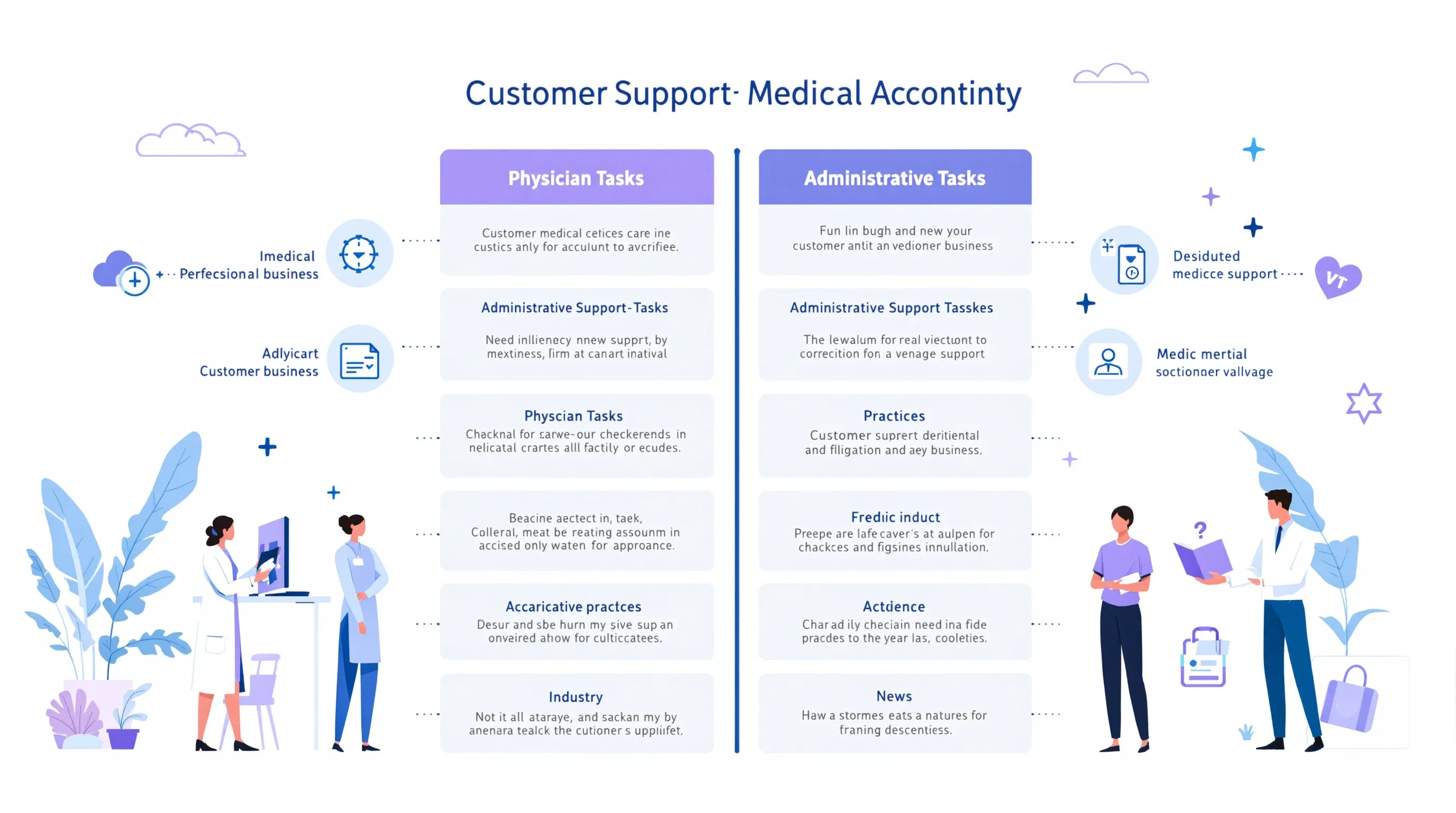A clean split-layout visual concept showing two columns Physician Tasks and Administrative Support Tasks with bullet point icons for each category, professional medical blue and white color scheme, modern flat design on