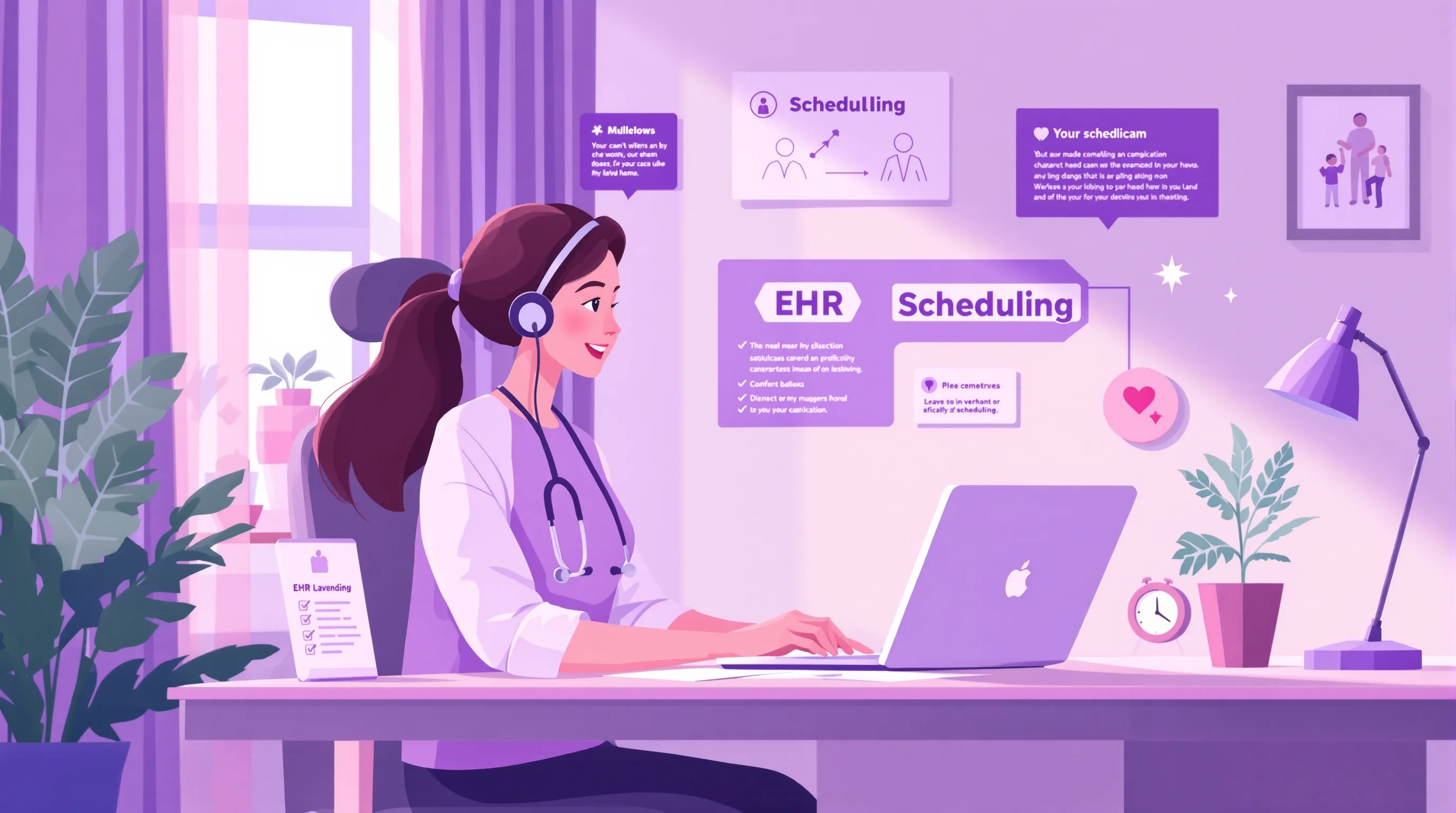Medical virtual assistant working remotely on a laptop reviewing patient scheduling and EHR documentation, with a professional home office setup