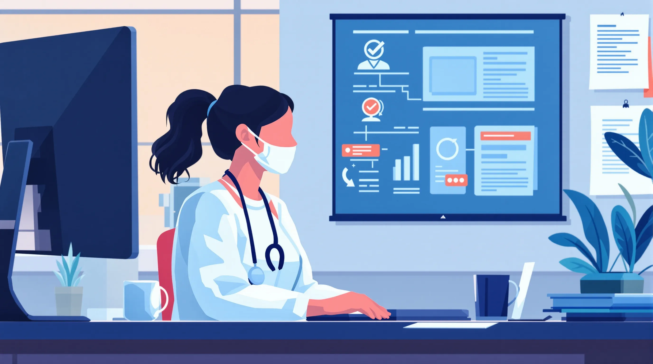 Virtual assistant completing TMS prior authorization documentation workflow at computer