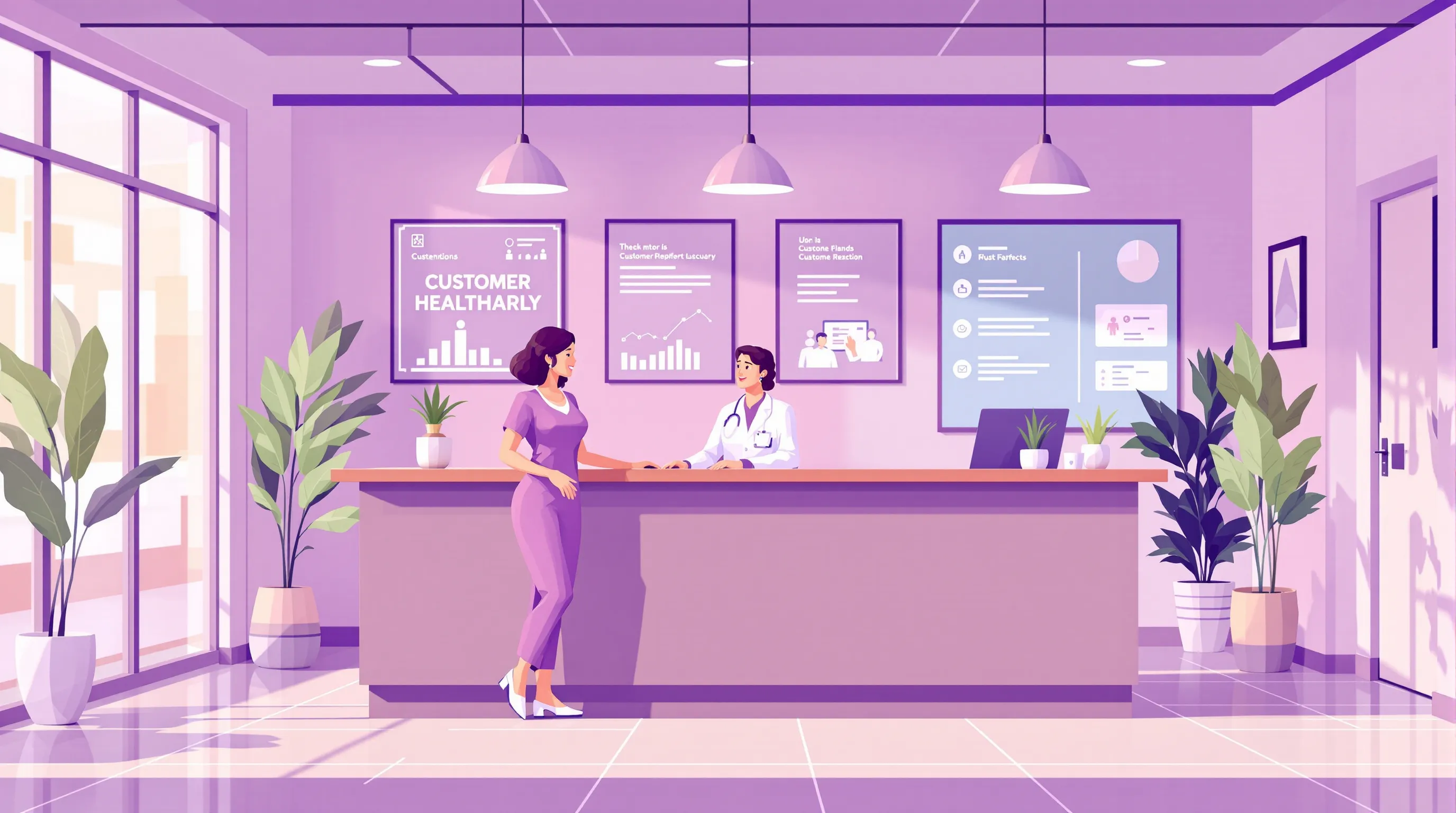 A professional healthcare clinic front desk. A receptionist in business casual attire greets a patient warmly at a modern check-in counter