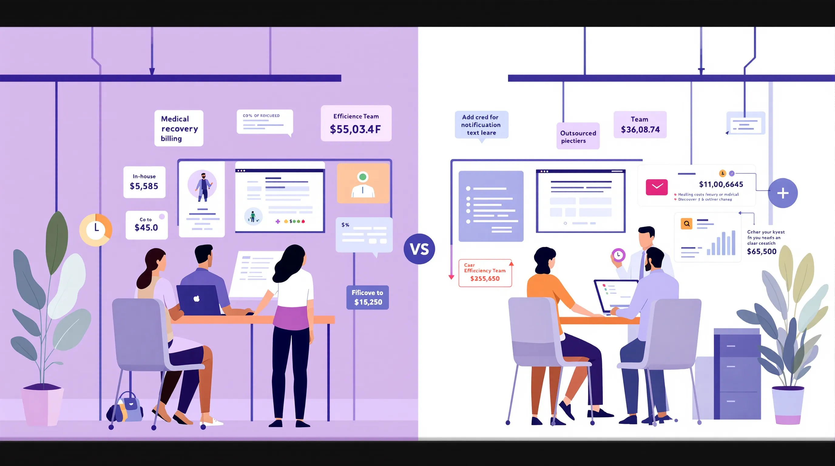 Side-by-side comparison showing in-house billing versus outsourced underpayment recovery cost and efficiency