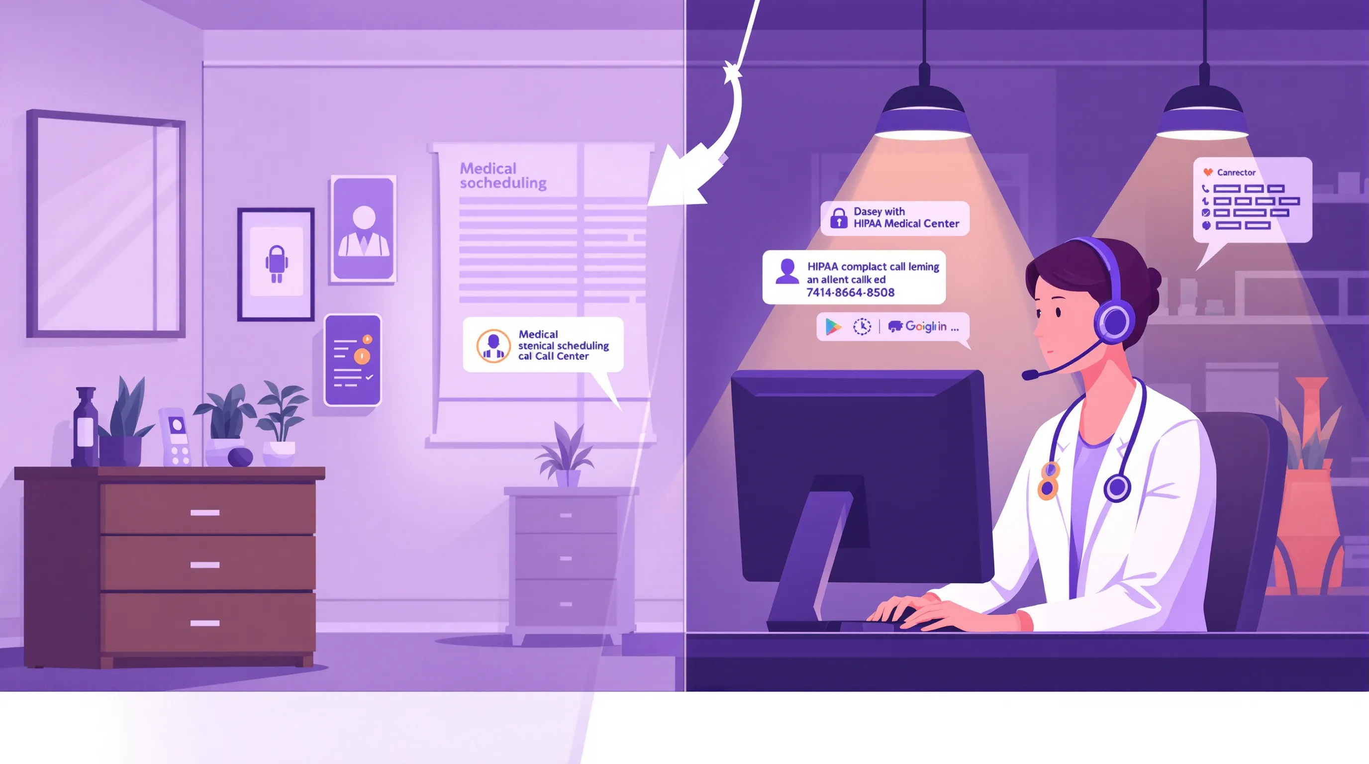 Side-by-side comparison of an unanswered after-hours call at an empty medical office versus a live agent taking a patient call in a managed healthcare BPO setting
