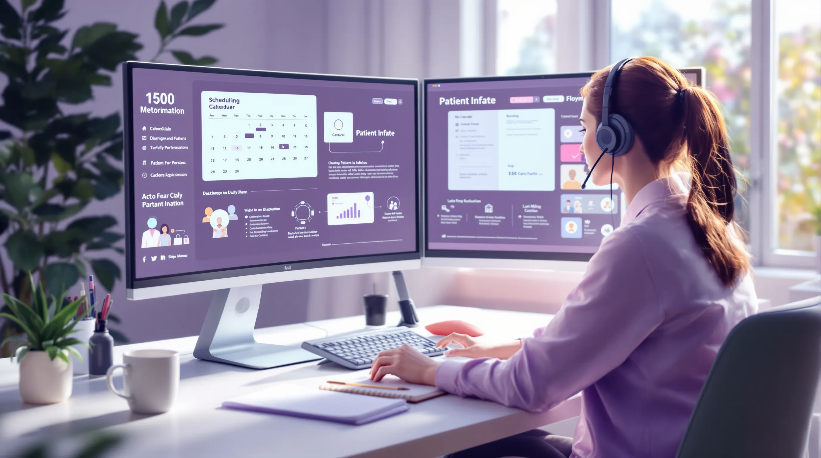A chiropractic virtual assistant working remotely at a home office, managing scheduling and patient intake on dual monitors