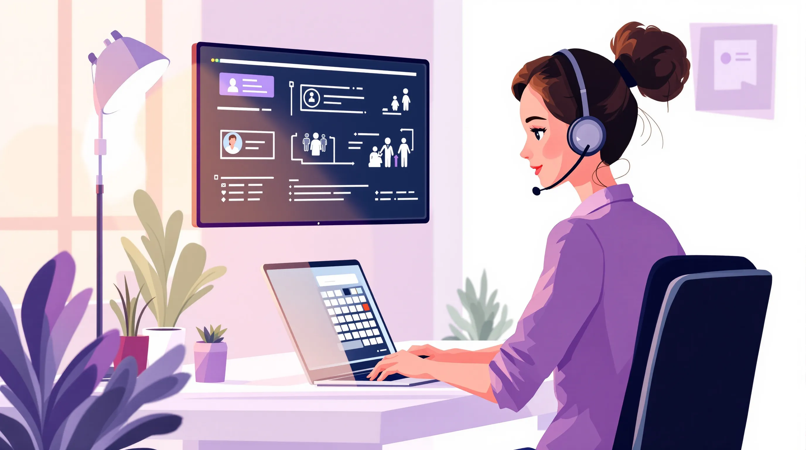 Healthcare virtual assistant making patient reactivation calls from a home office setup with scheduling software visible on screen
