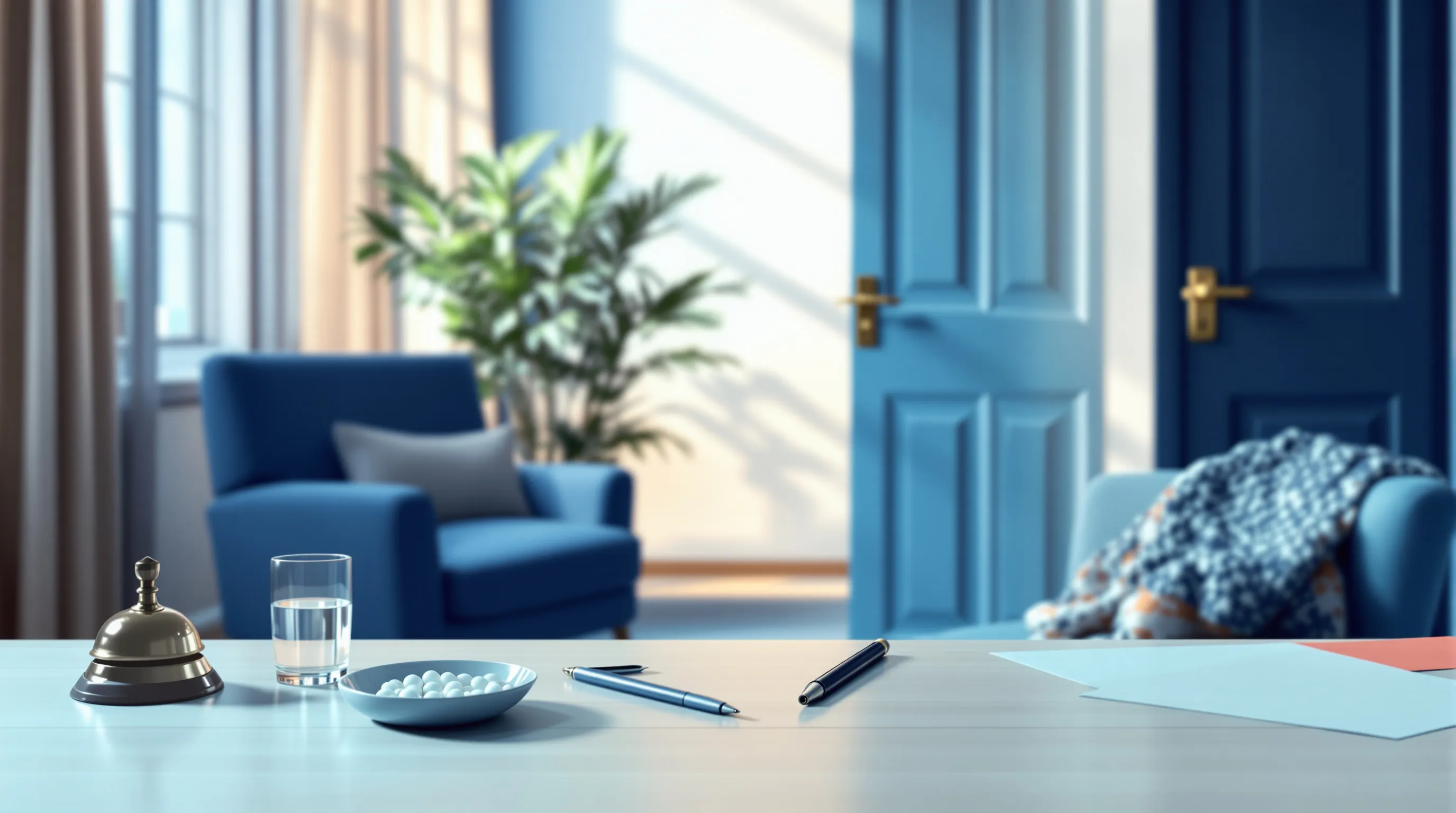 Photorealistic editorial photo of a quiet therapy practice front desk in early morning light, a pen resting on the polished wooden desktop beside a small ceramic dish of mints and a glass of water, a brass desk bell