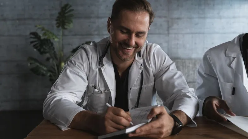 A smiling doctor in a white coat writes in a notebook beside a colleague at a desk.