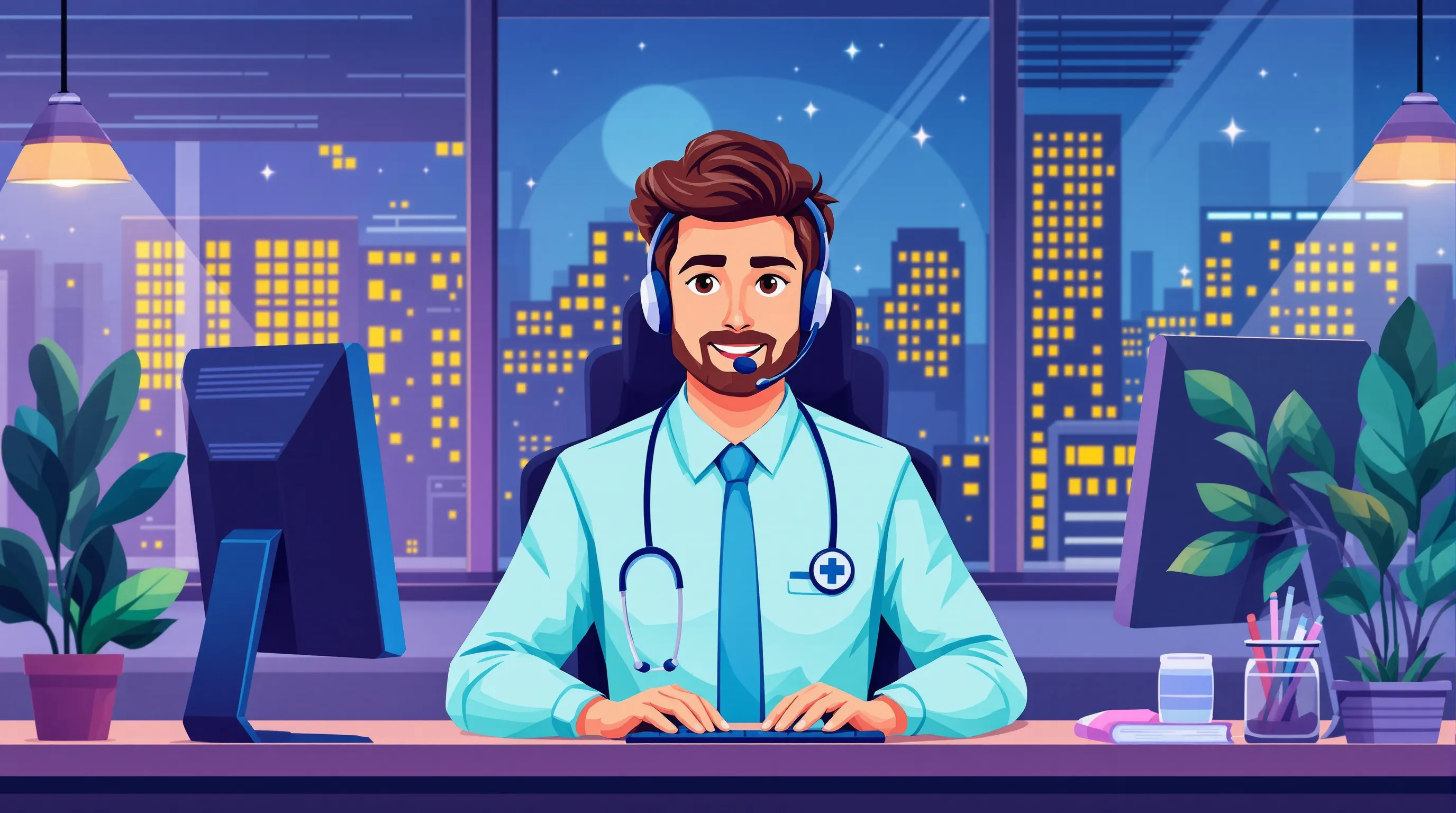 Medical answering service agent handling after-hours calls for a doctors office at night