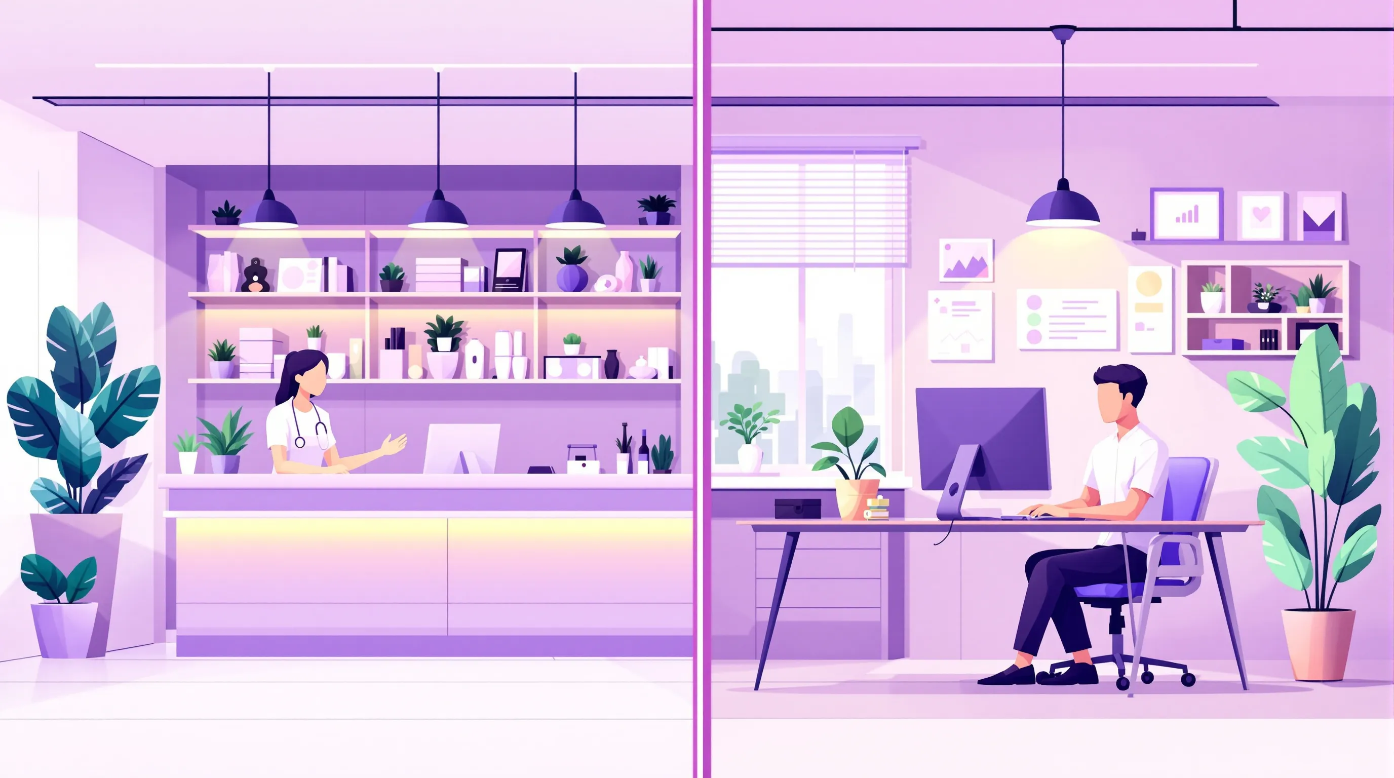 Split-screen professional visualization. Left side: a modern healthcare clinic front desk with a receptionist warmly greeting a patient, organized and calm lobby