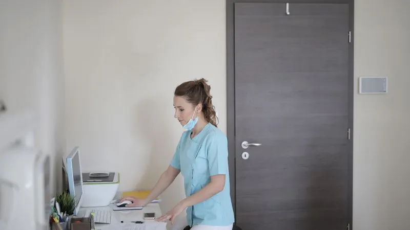 A woman in light blue scrubs stands at a desk using a computer in a clinic.