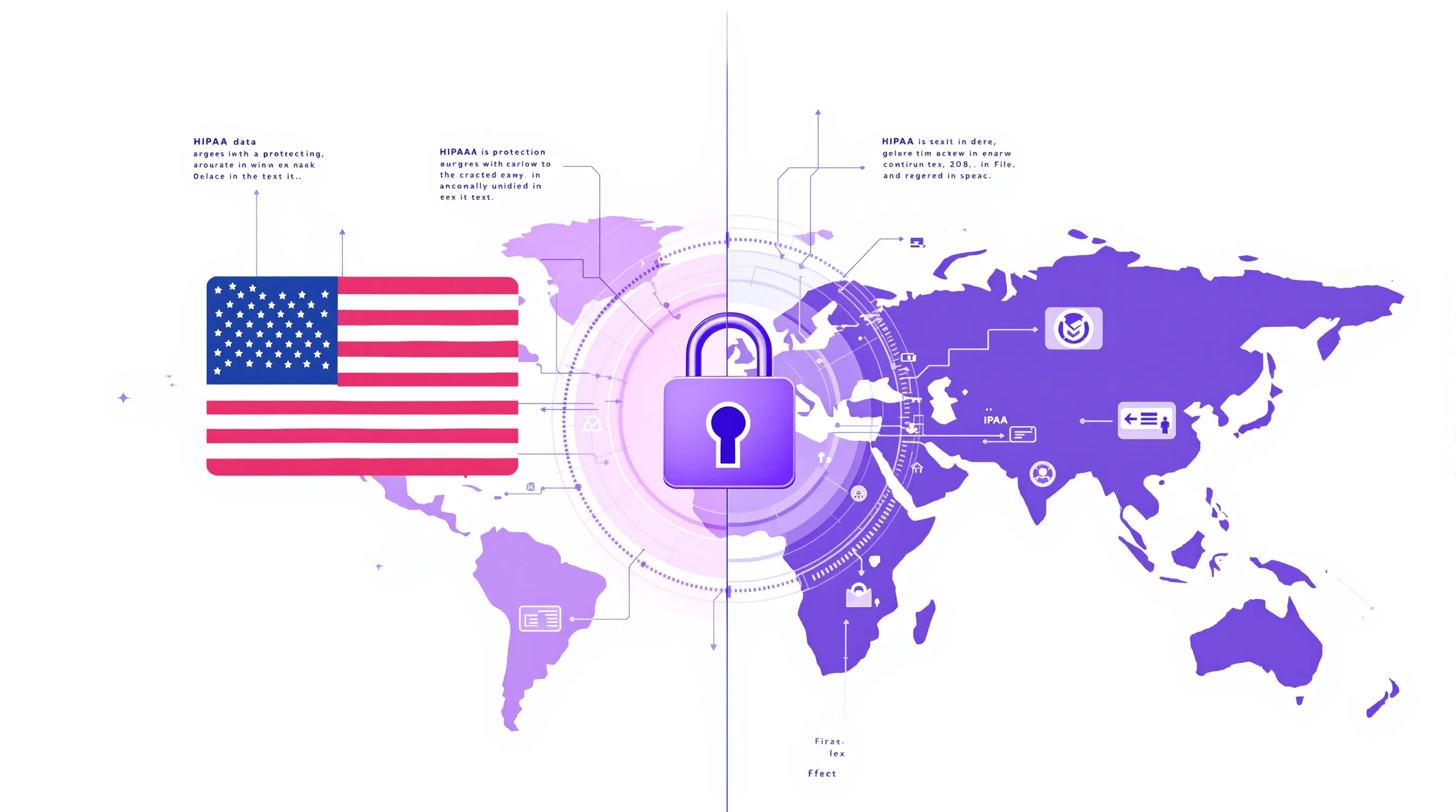 HIPAA compliance and offshore virtual assistant security - a conceptual image of secure data flowing under US legal protection across international borders