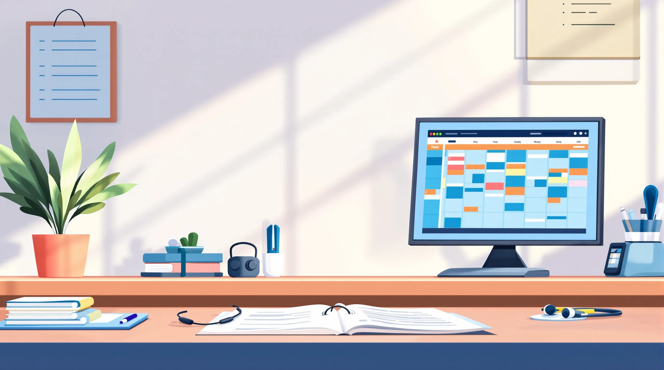 Medical front desk with a scheduling rulebook binder, headset and appointment calendar on screen