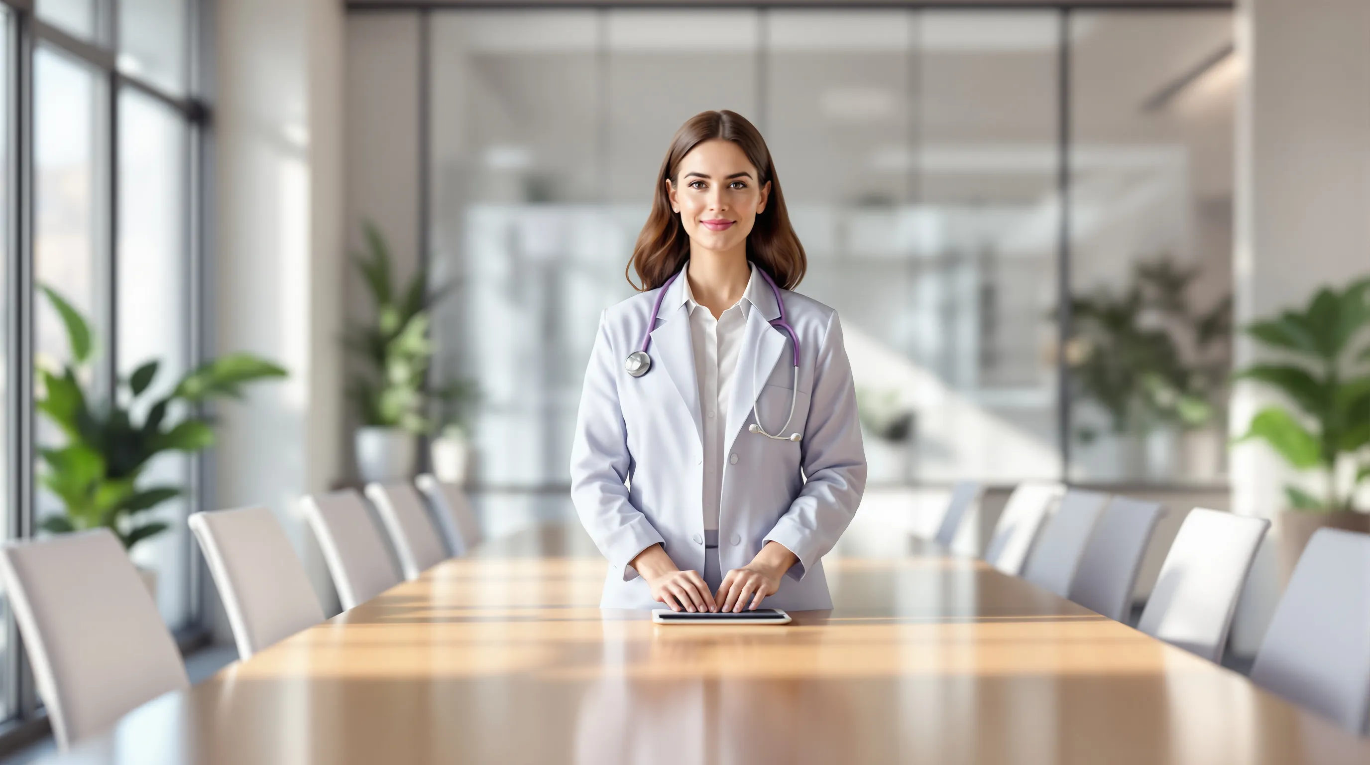 Practice administrator presenting an outsourcing proposal to a boardroom of physician partners