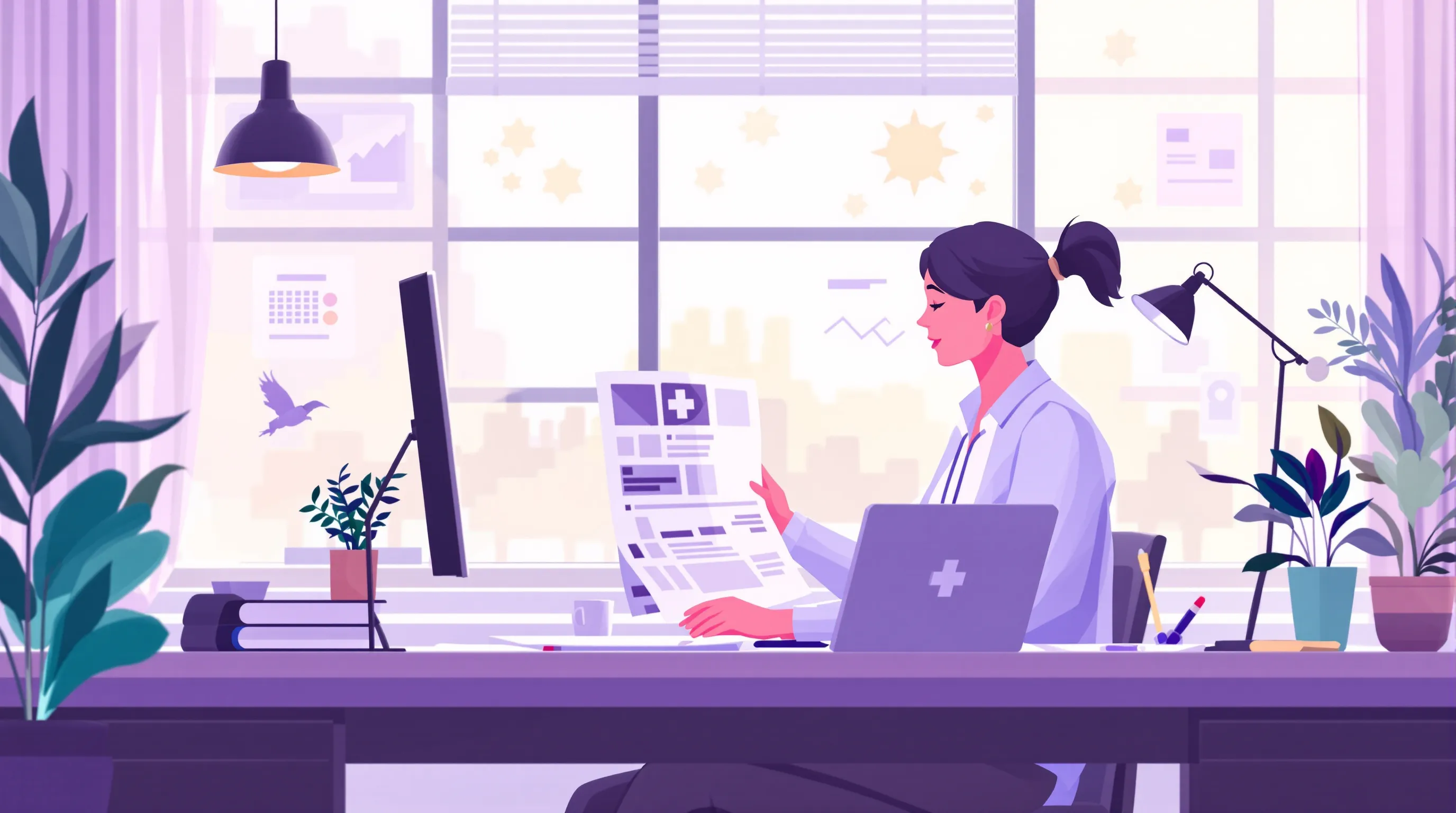 Healthcare practice administrator reviewing back-office administrative reports and billing data at a modern medical office desk